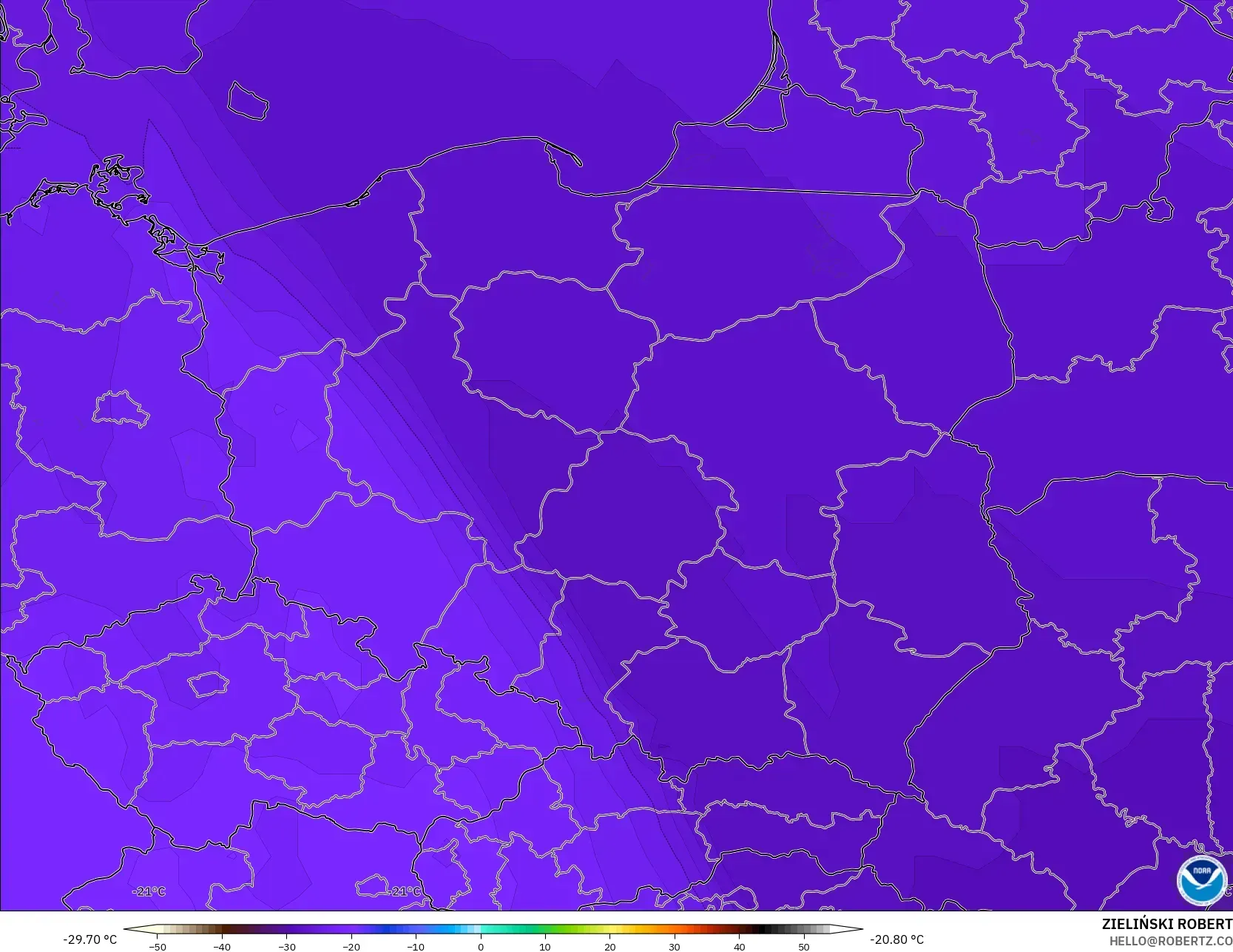 GFS modelo - Polonia, Temperatura a 500 hPa