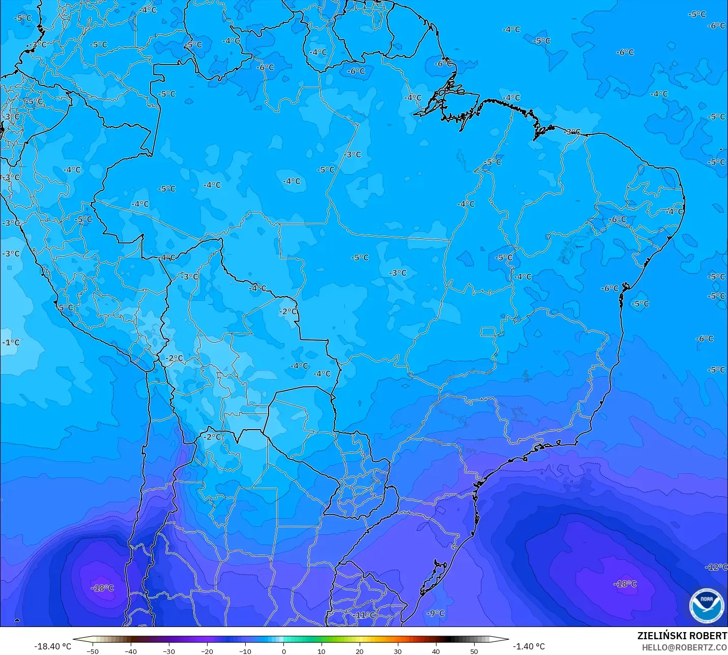 GFS modelo - Brasil, Temperatura a 500 hPa