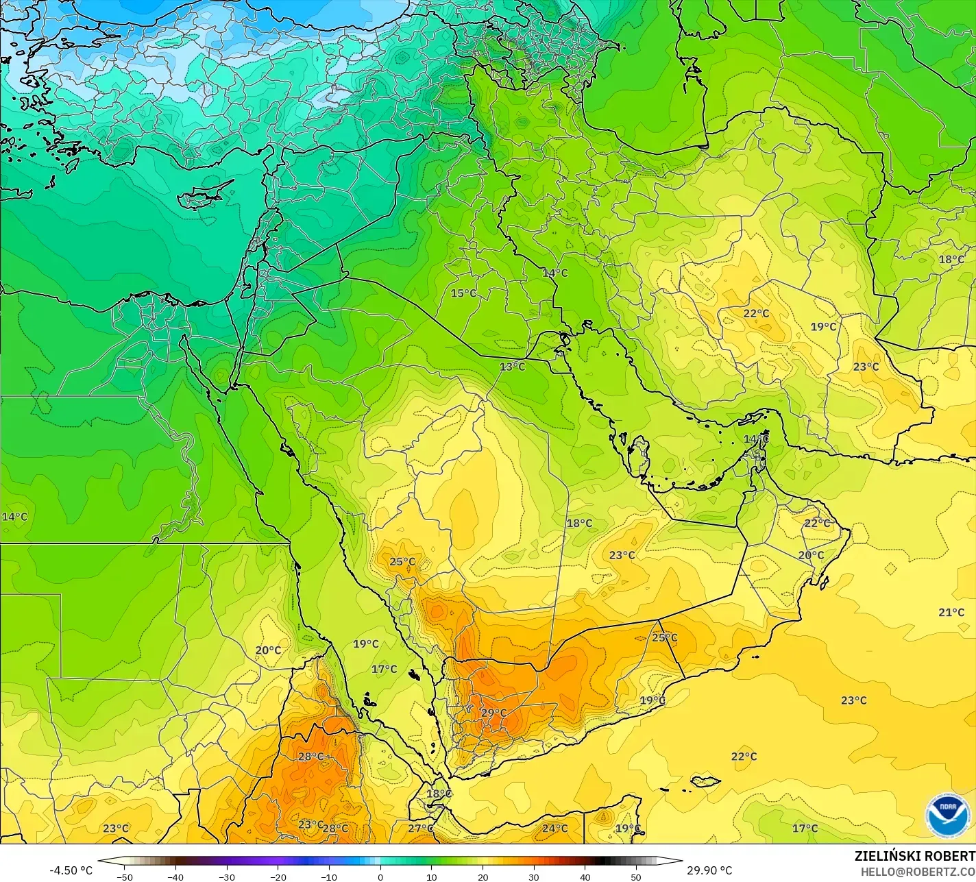 GFS modelo - Oriente Medio, Temperatura a 850 hPa