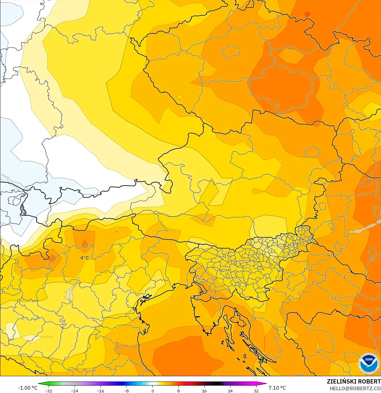 GFS modelo - Austria, Anomalía de temperatura a 850 hPa