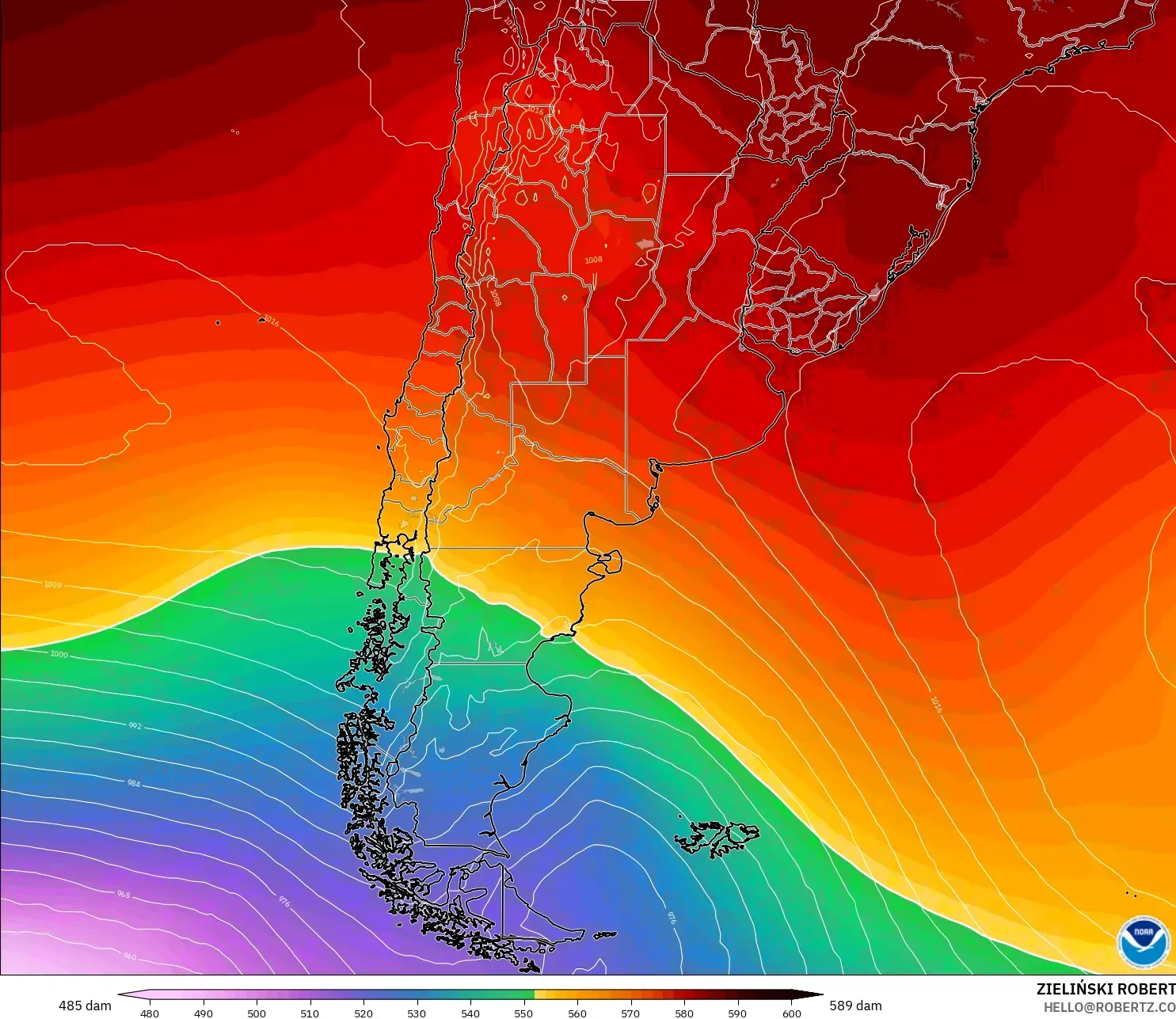 GFS modelo - Argentina, Altura geopotencial a 500 hPa