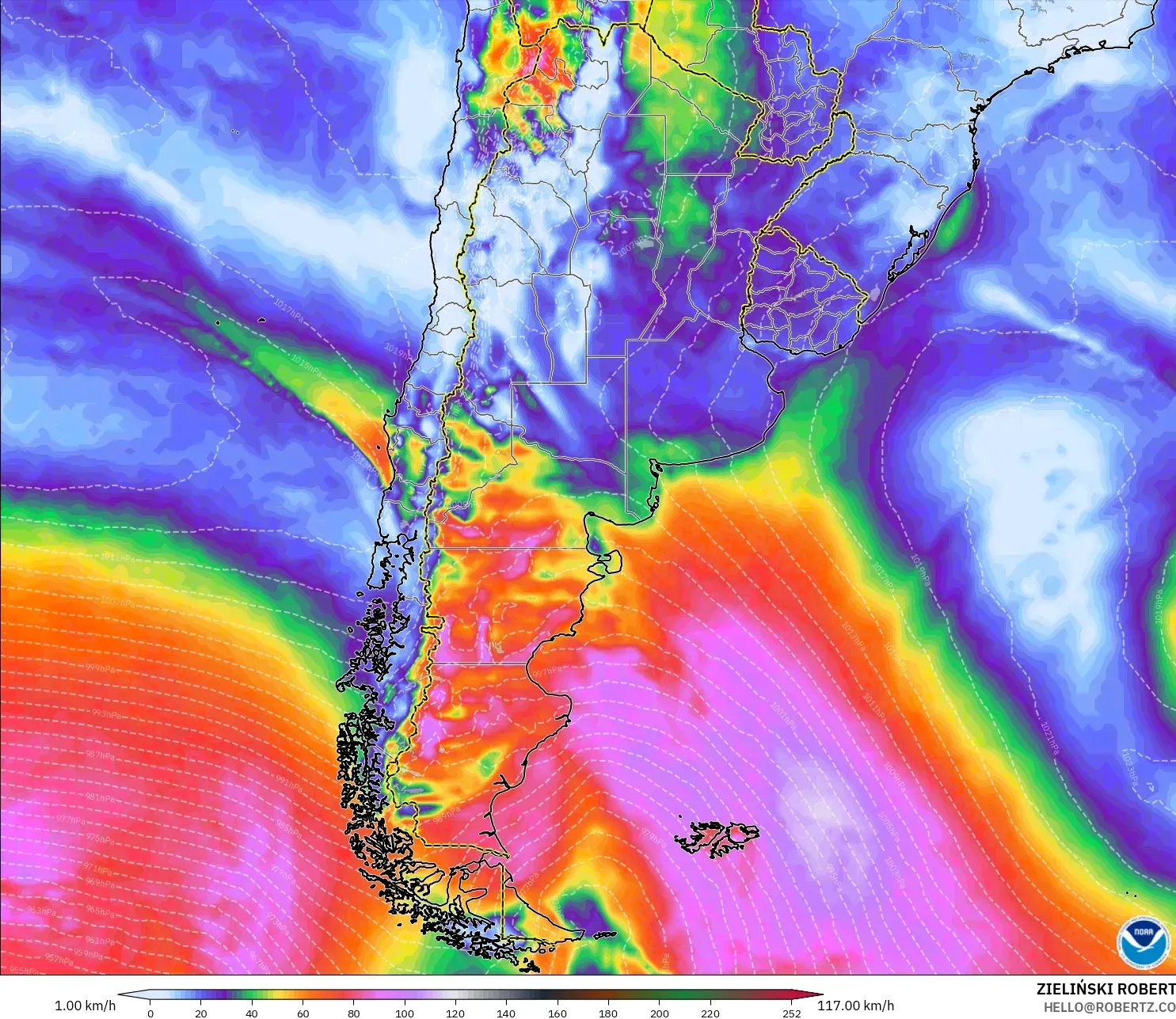 GFS modelo - Argentina, Ráfagas de viento
