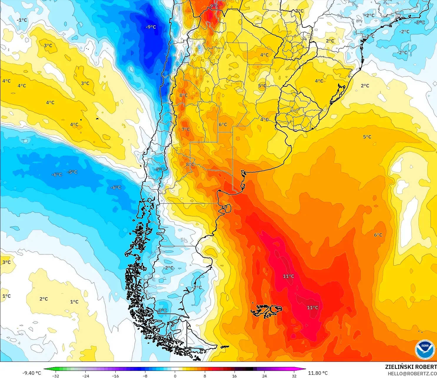 GFS modelo - Argentina, Anomalía de temperatura a 850 hPa