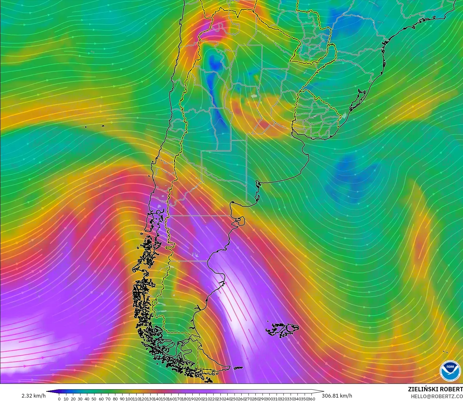 GFS modelo - Argentina, Viento a 300 hPa (corriente en chorro)