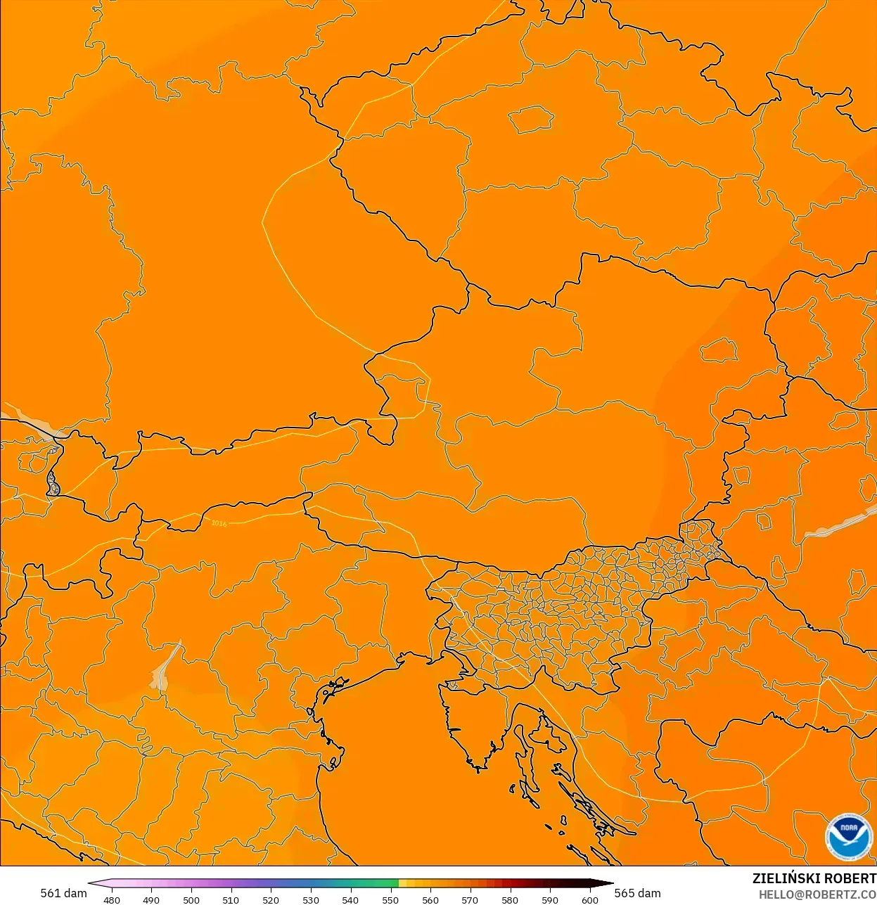 GFS modelo - Austria, Altura geopotencial a 500 hPa