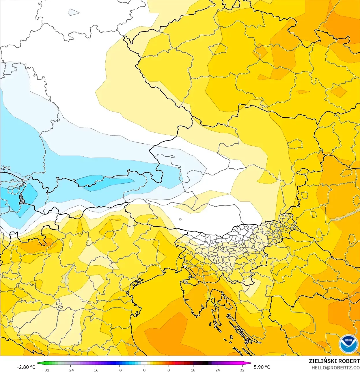 GFS modelo - Austria, Anomalía de temperatura a 850 hPa