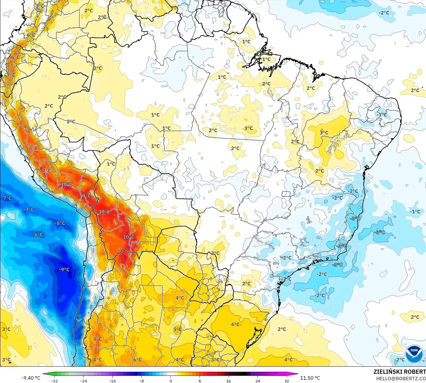 GFS modelo - Brasil, Anomalía de temperatura a 850 hPa