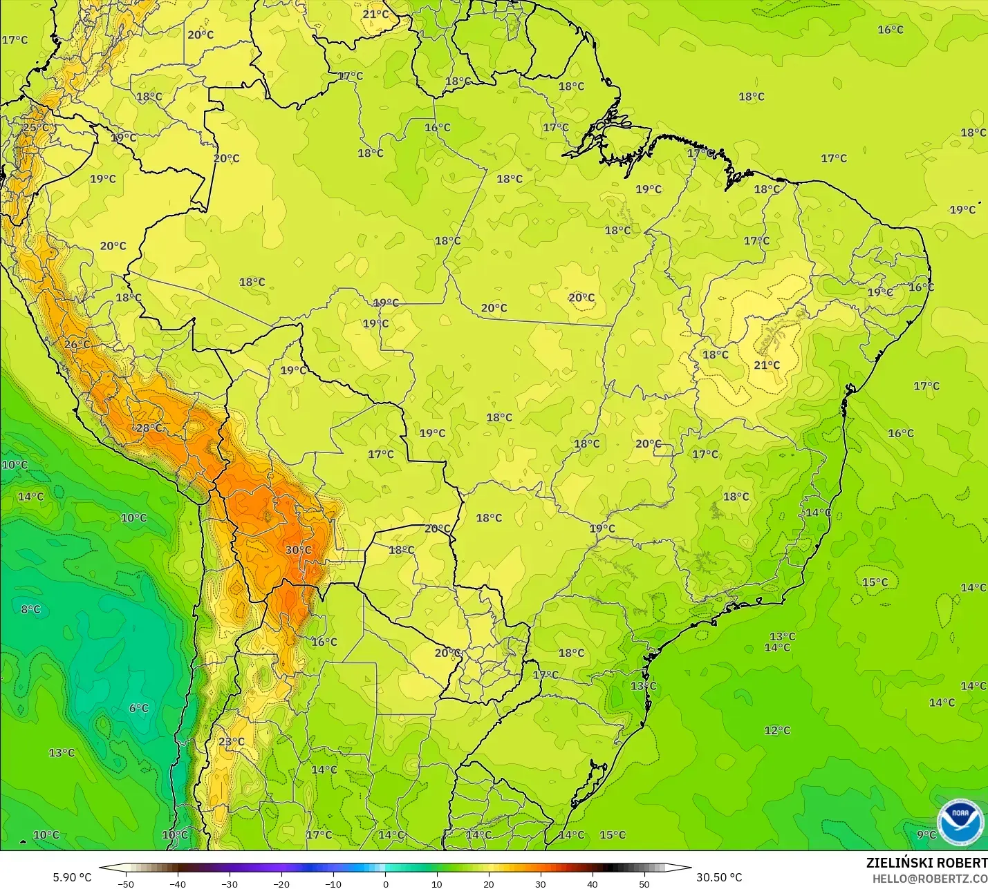 GFS modelo - Brasil, Temperatura a 850 hPa
