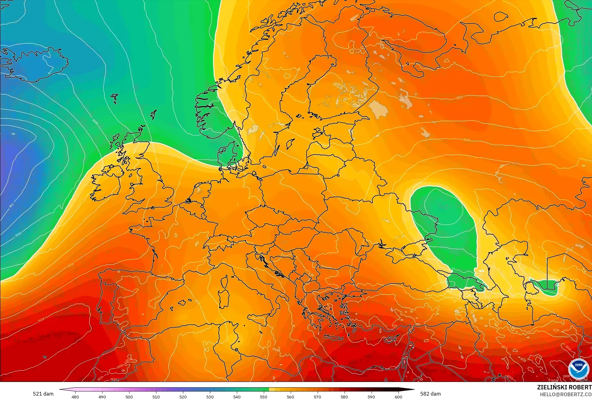 GFS modelo - Europa, Altura geopotencial a 500 hPa