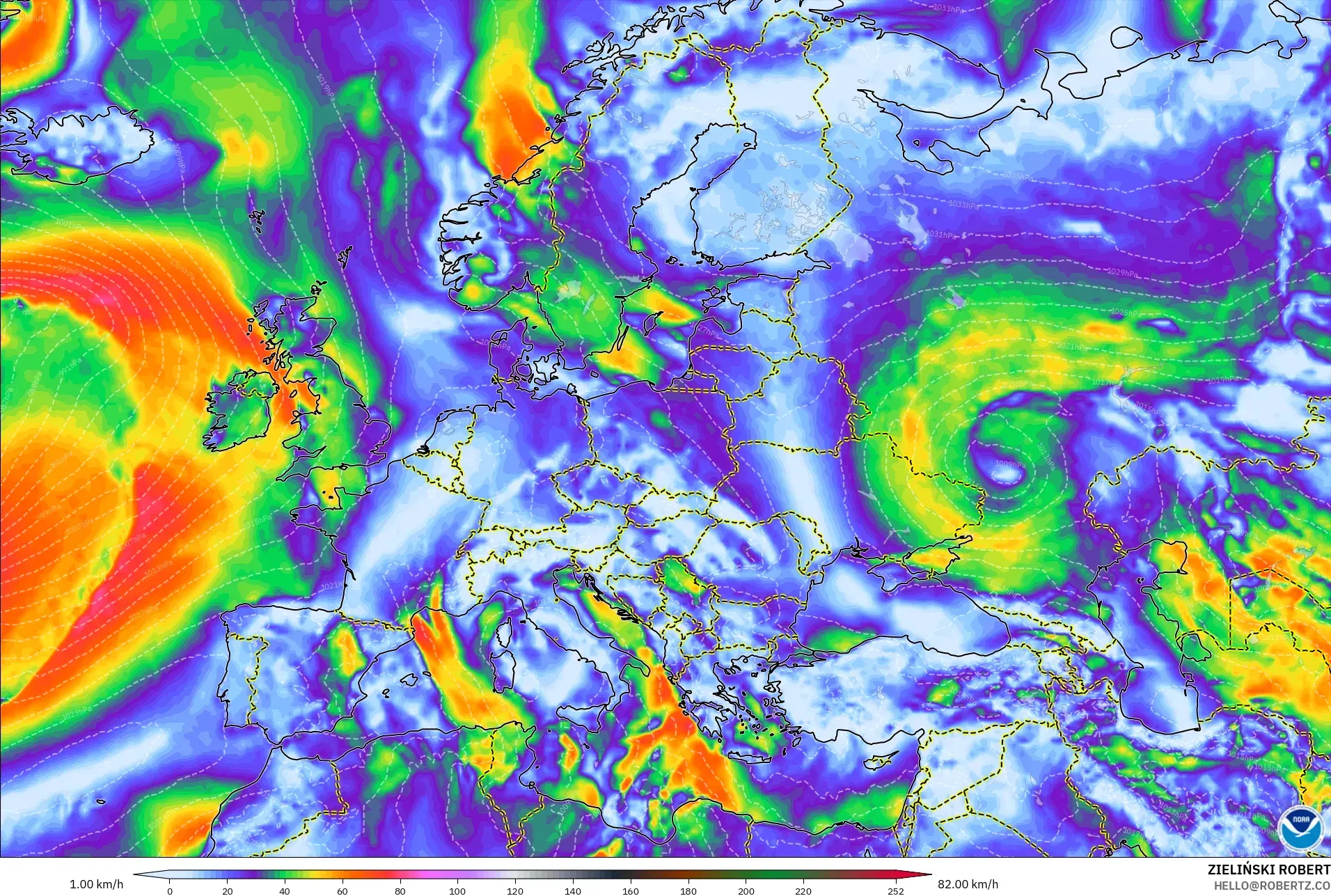 GFS modelo - Europa, Ráfagas de viento
