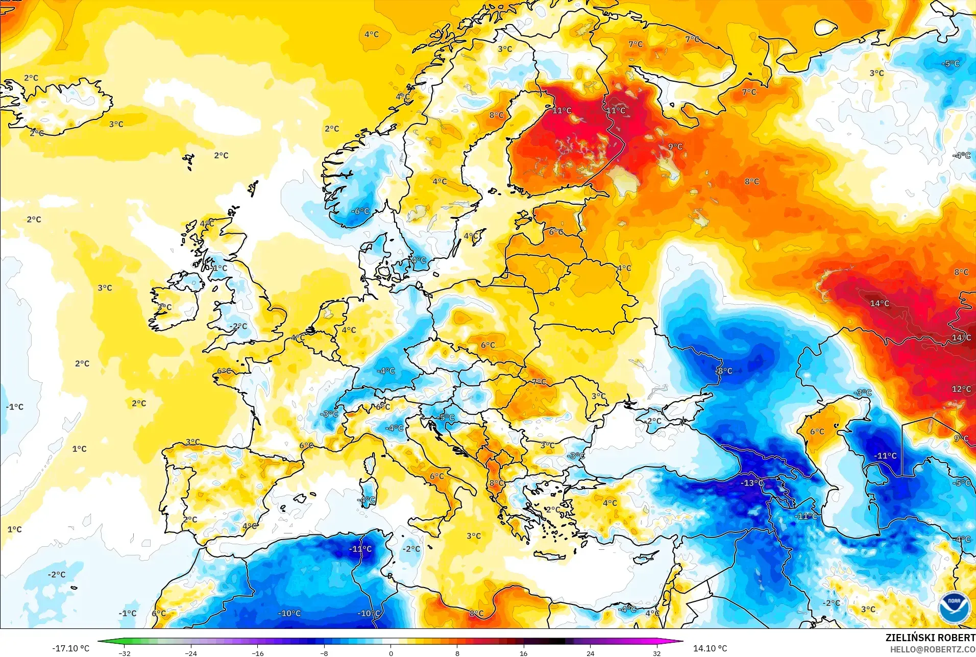GFS modelo - Europa, Anomalía de temperatura a 2 m