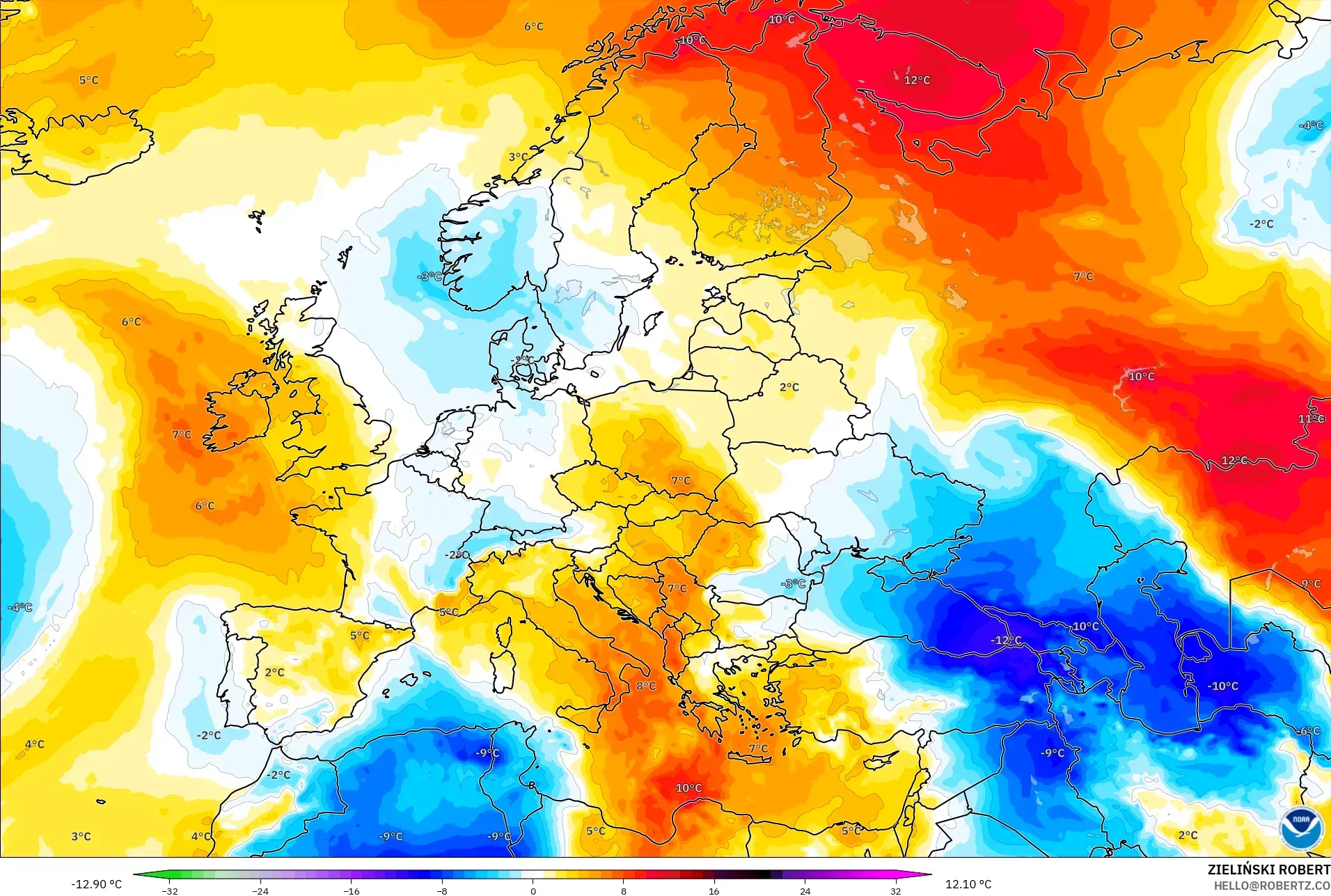 GFS modelo - Europa, Anomalía de temperatura a 850 hPa