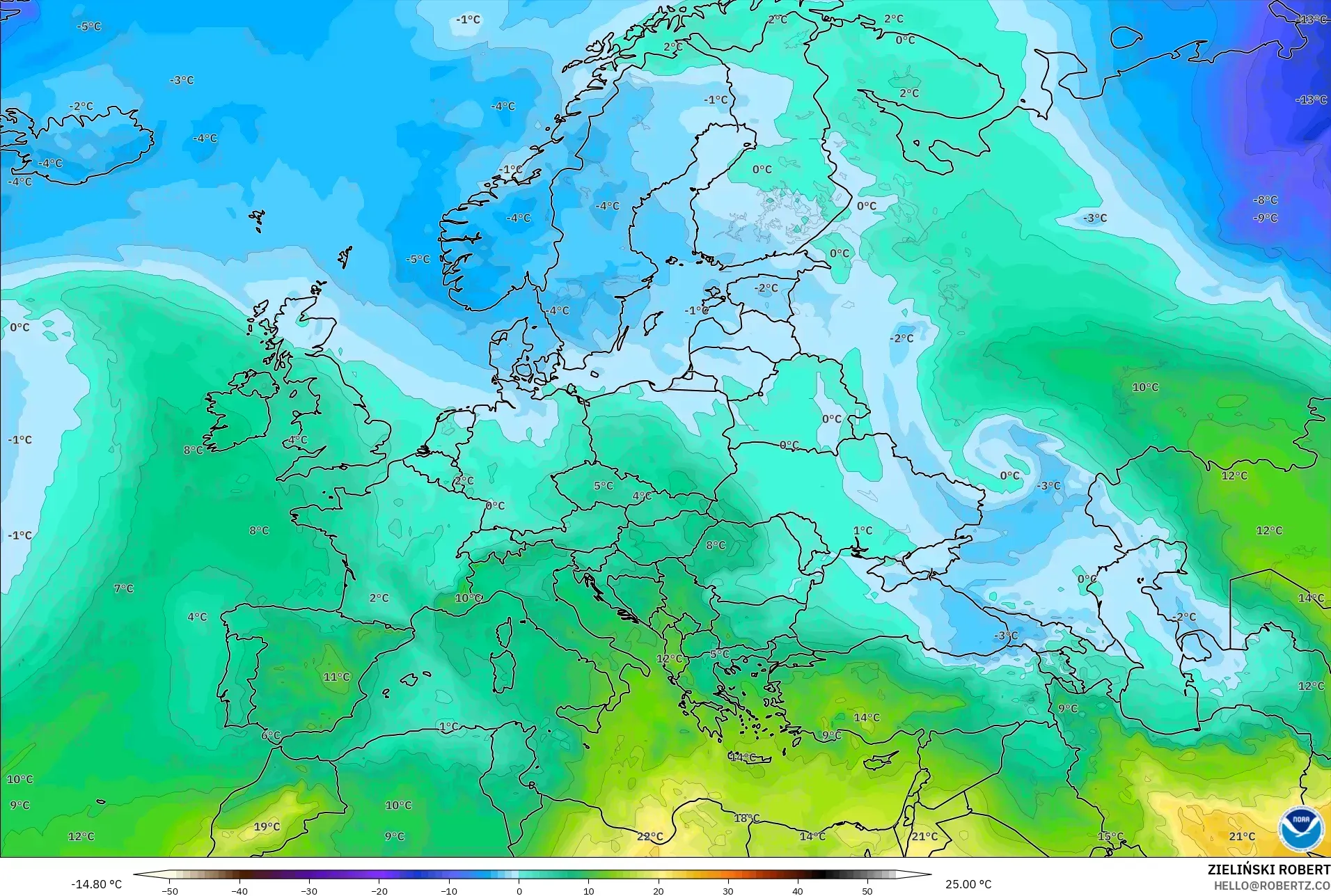 GFS modelo - Europa, Temperatura a 850 hPa