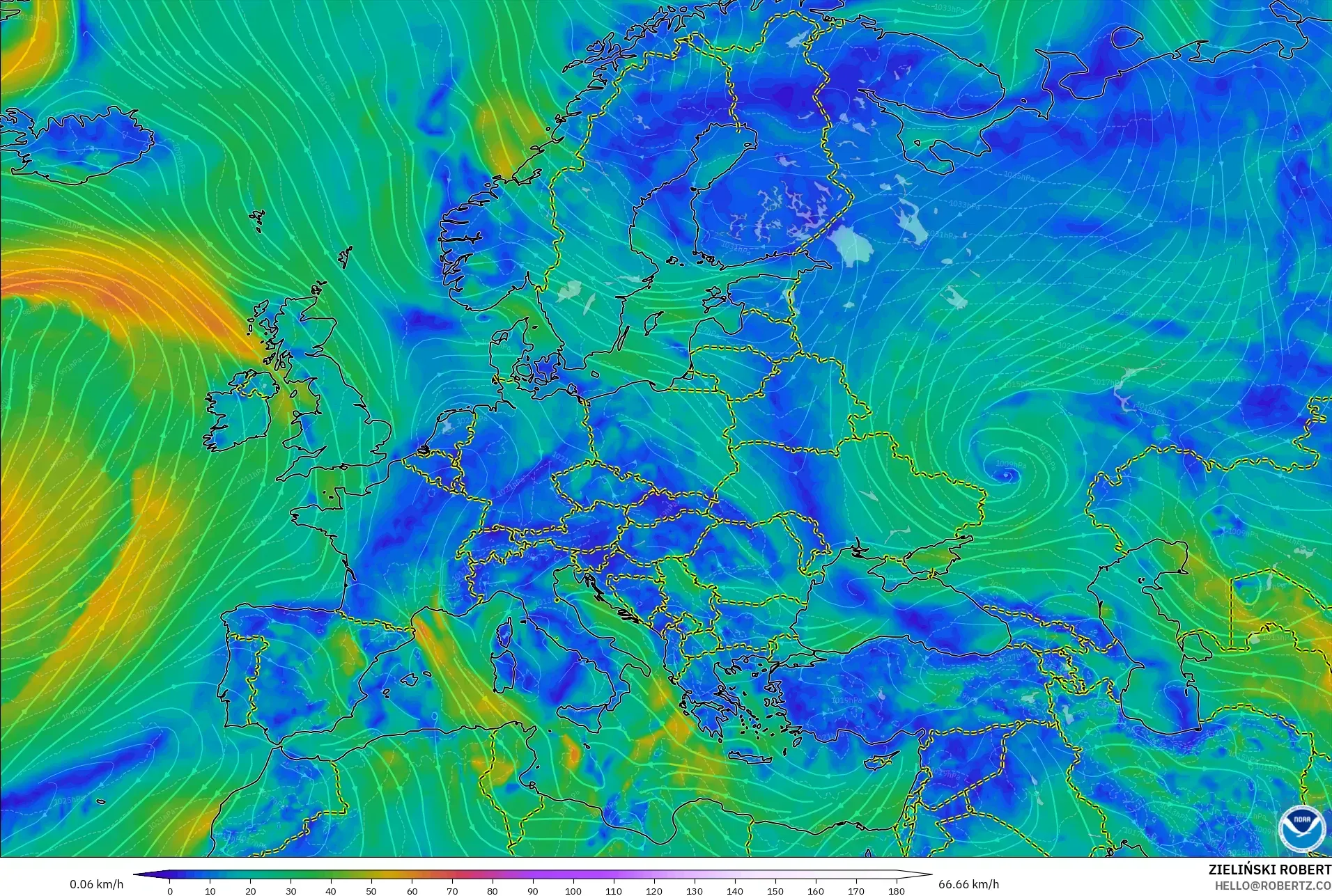 GFS modelo - Europa, Viento a 10 m