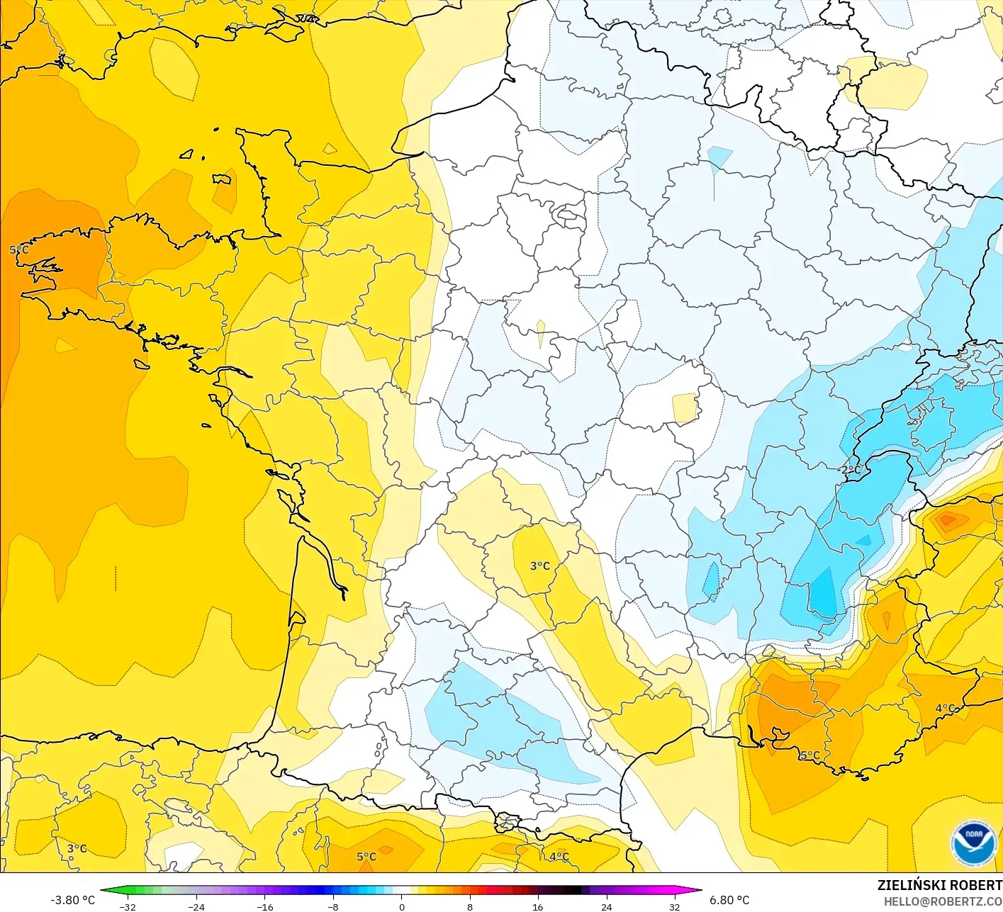GFS modelo - Francia, Anomalía de temperatura a 850 hPa