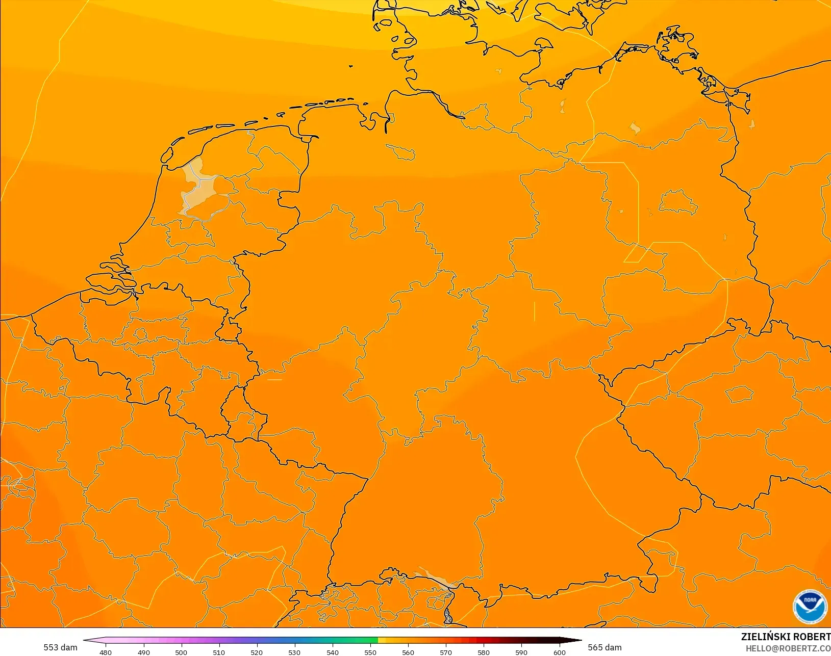 GFS modelo - Alemania, Altura geopotencial a 500 hPa