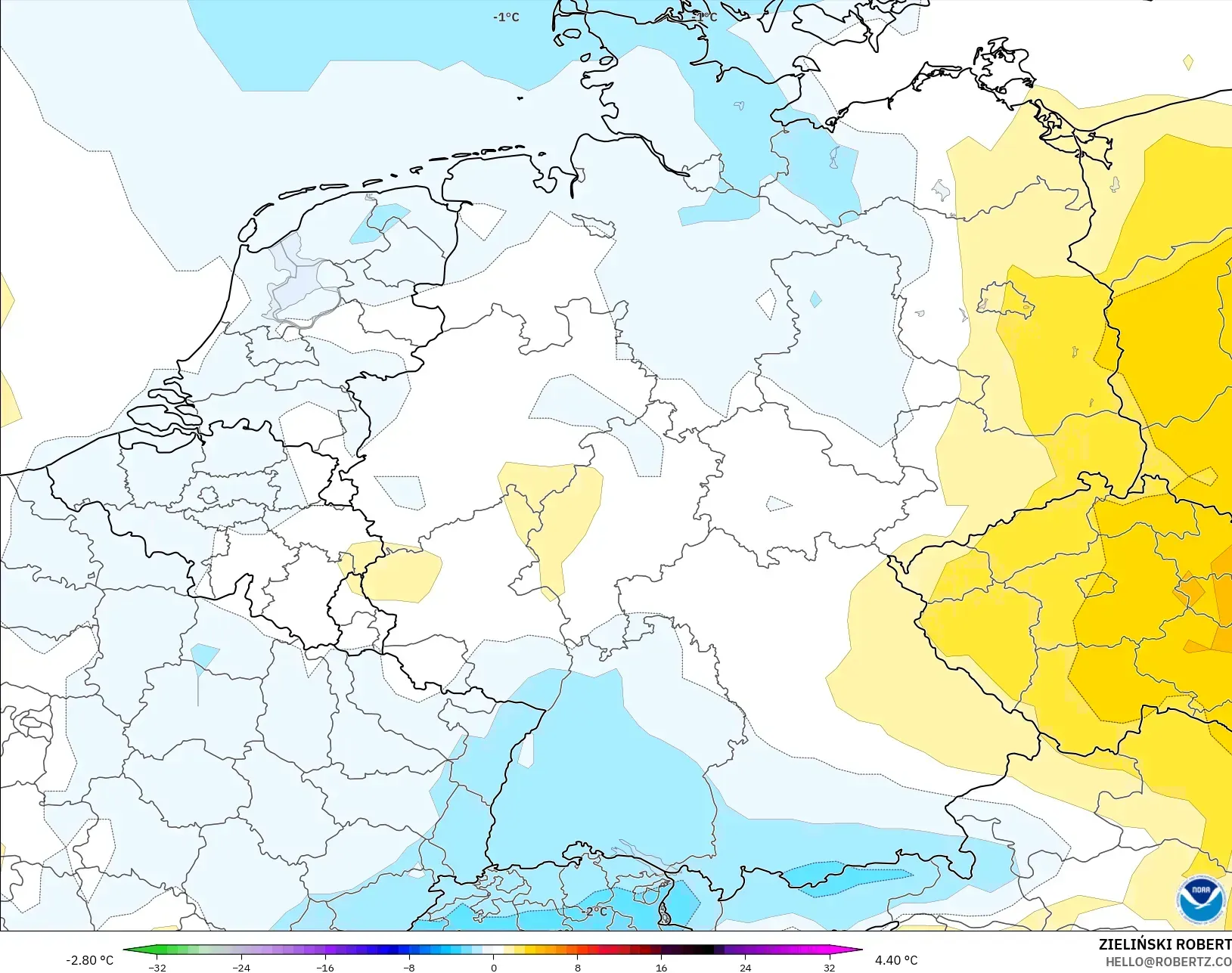 GFS modelo - Alemania, Anomalía de temperatura a 850 hPa