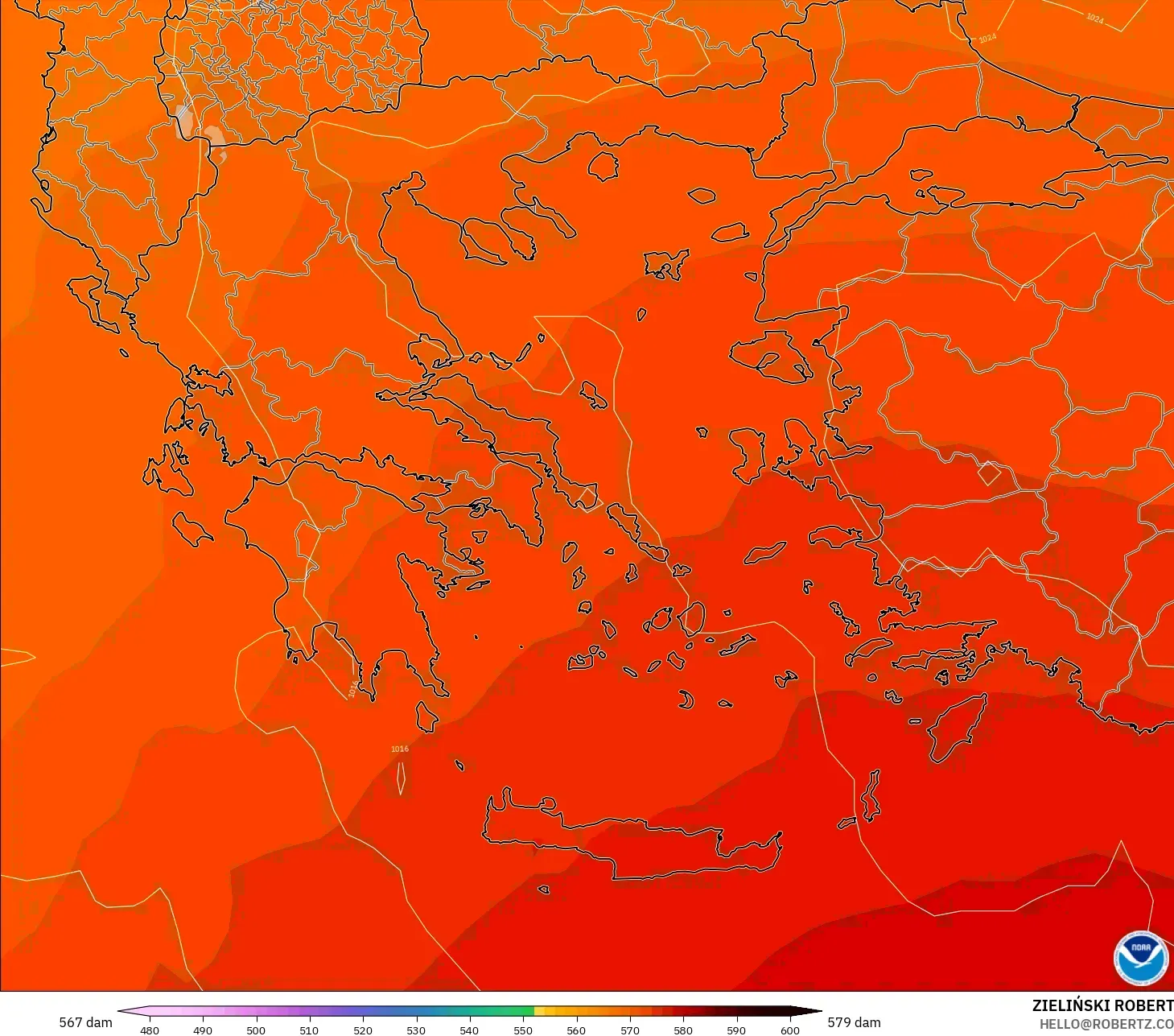 GFS modelo - Grecia, Altura geopotencial a 500 hPa