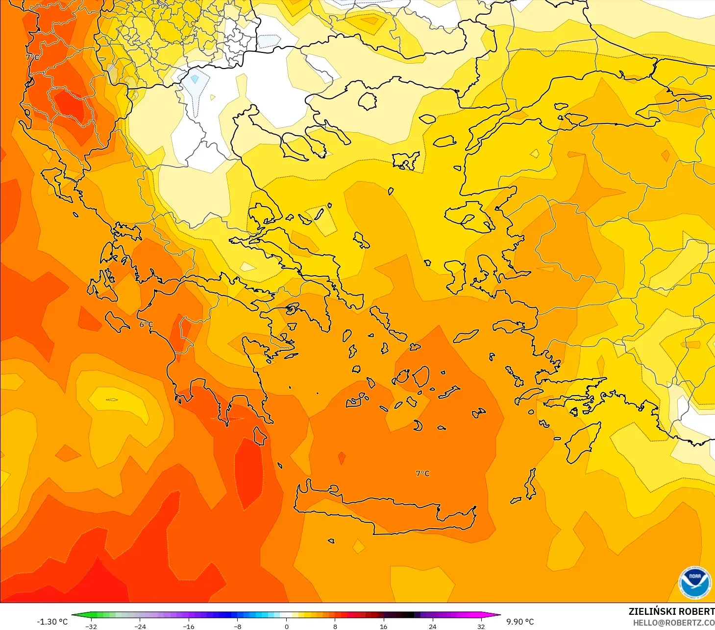 GFS modelo - Grecia, Anomalía de temperatura a 850 hPa
