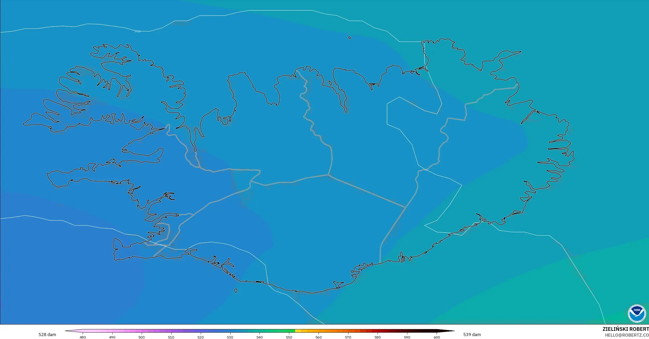 GFS modelo - Islandia, Altura geopotencial a 500 hPa