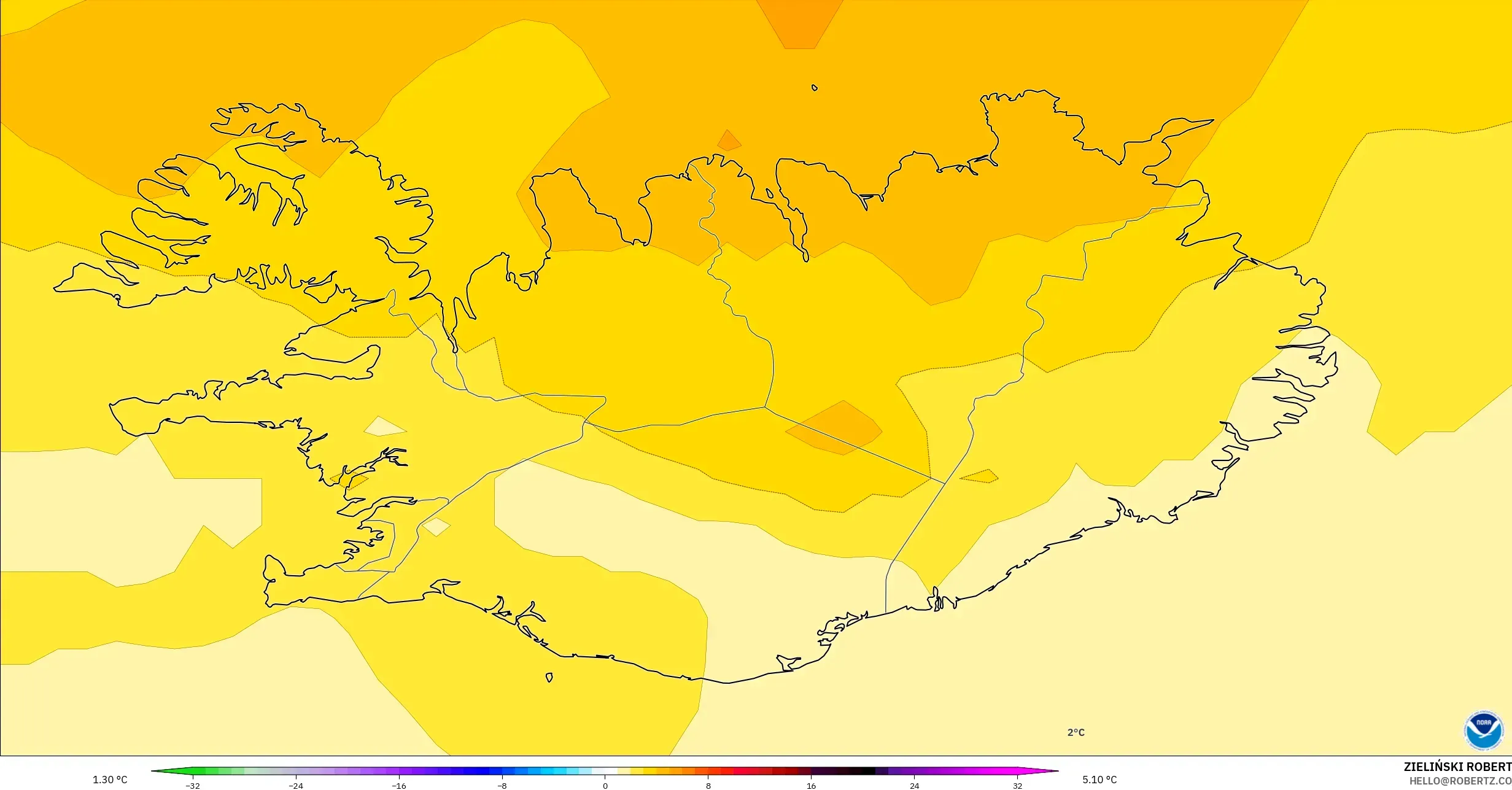 GFS modelo - Islandia, Anomalía de temperatura a 850 hPa