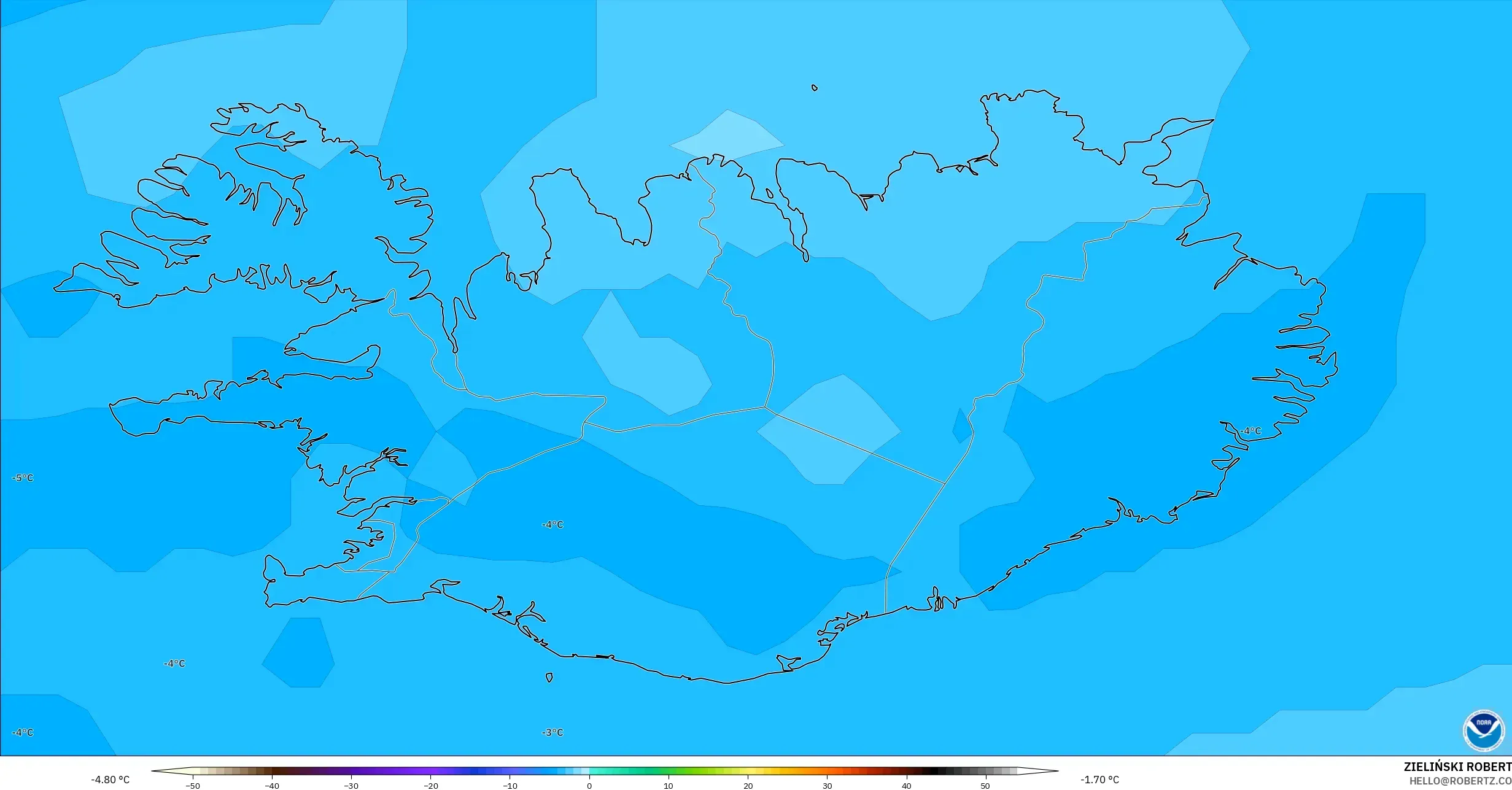 GFS modelo - Islandia, Temperatura a 850 hPa