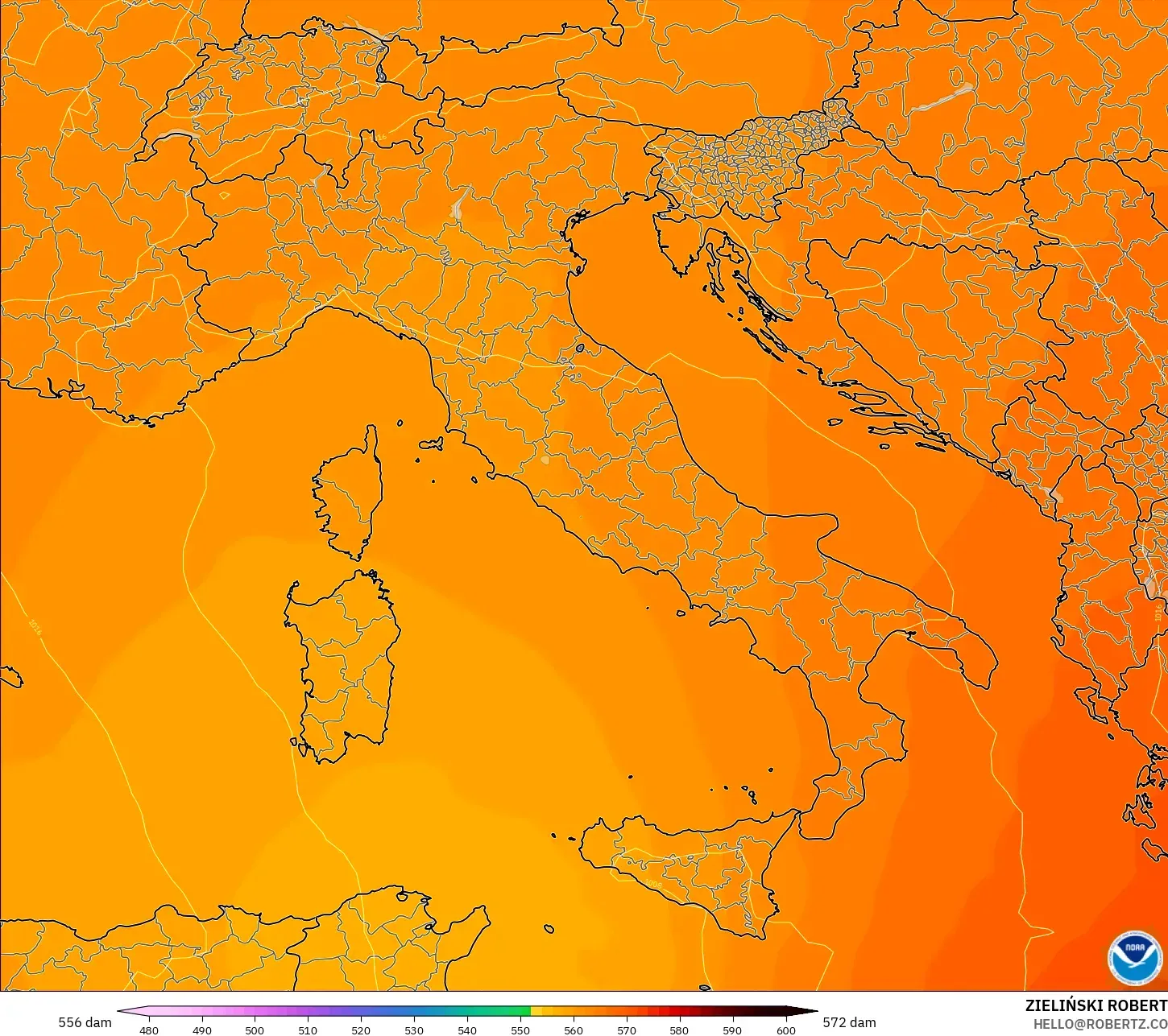 GFS modelo - Italia, Altura geopotencial a 500 hPa