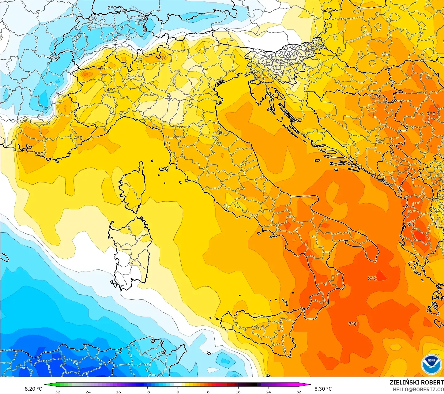 GFS modelo - Italia, Anomalía de temperatura a 850 hPa
