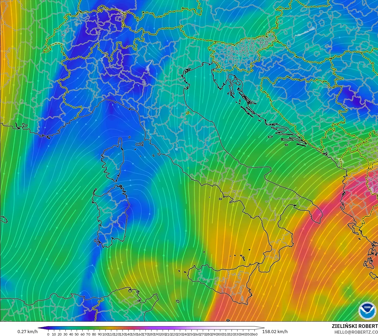 GFS modelo - Italia, Viento a 300 hPa (corriente en chorro)
