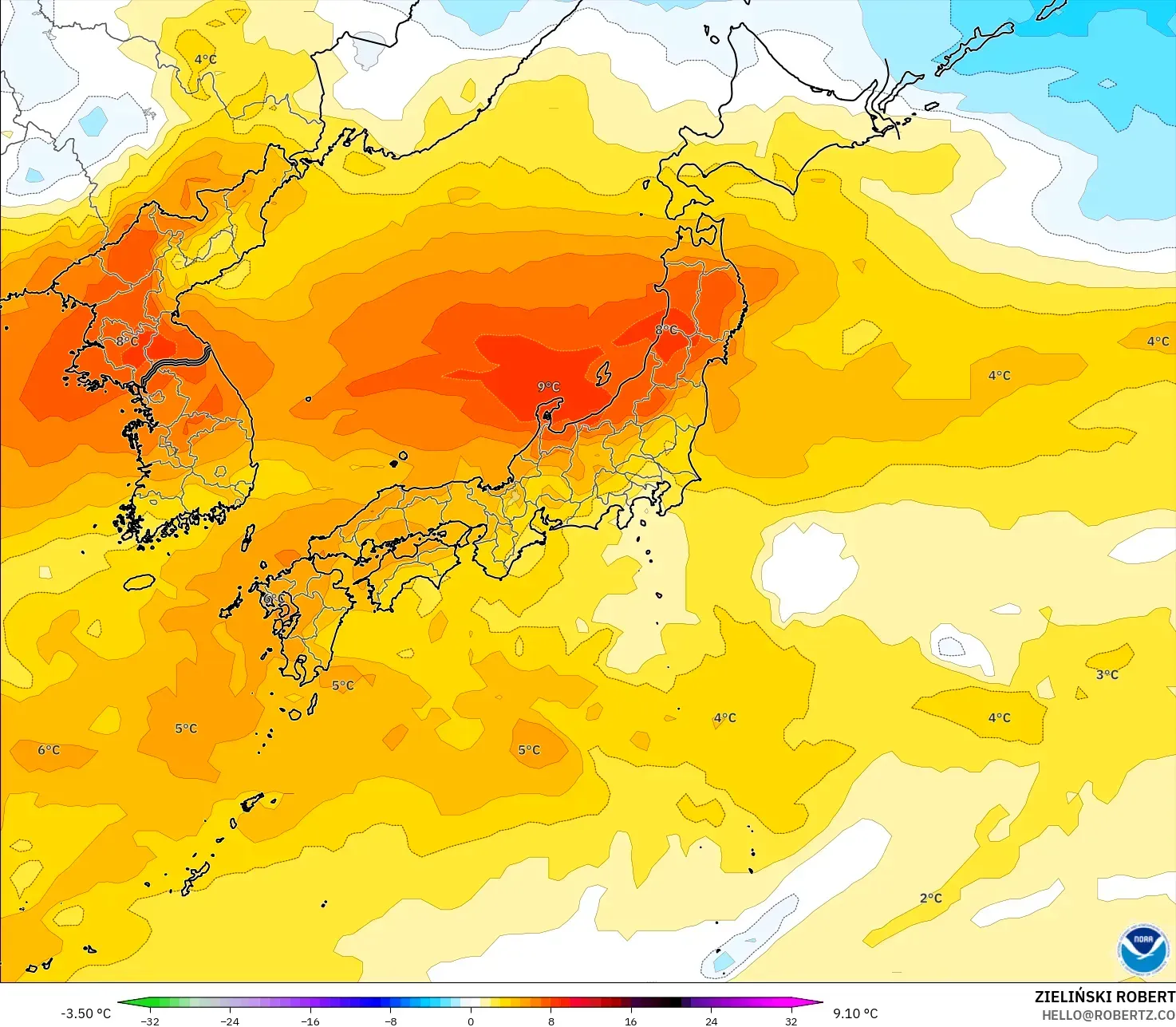 GFS modelo - Japón, Anomalía de temperatura a 850 hPa