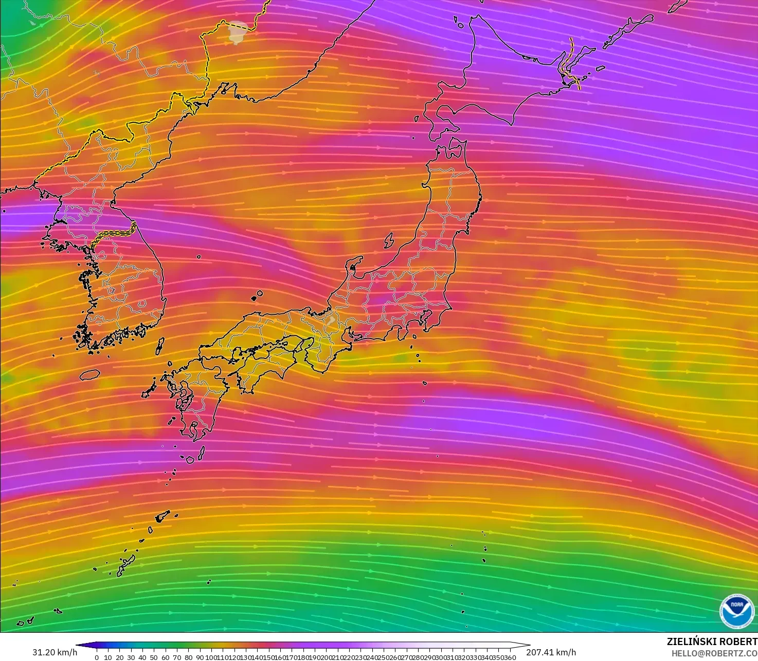 GFS modelo - Japón, Viento a 300 hPa (corriente en chorro)