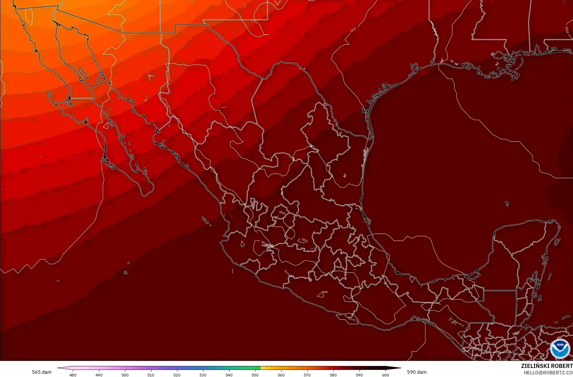 GFS modelo - México, Altura geopotencial a 500 hPa