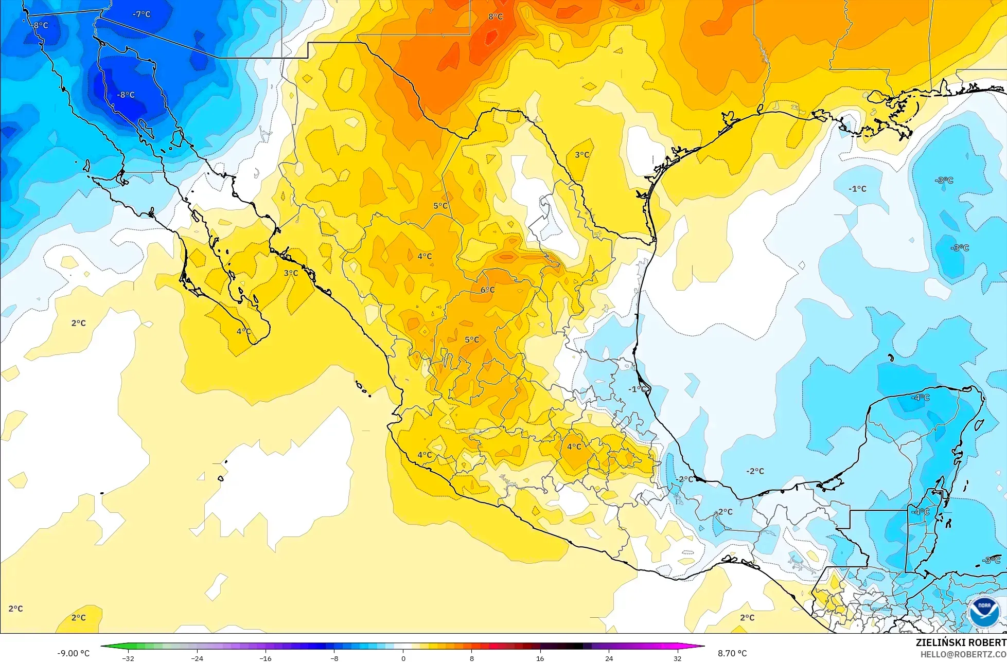 GFS modelo - México, Anomalía de temperatura a 850 hPa