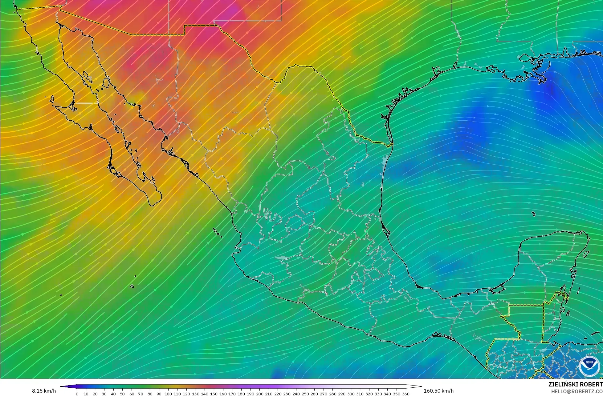 GFS modelo - México, Viento a 300 hPa (corriente en chorro)