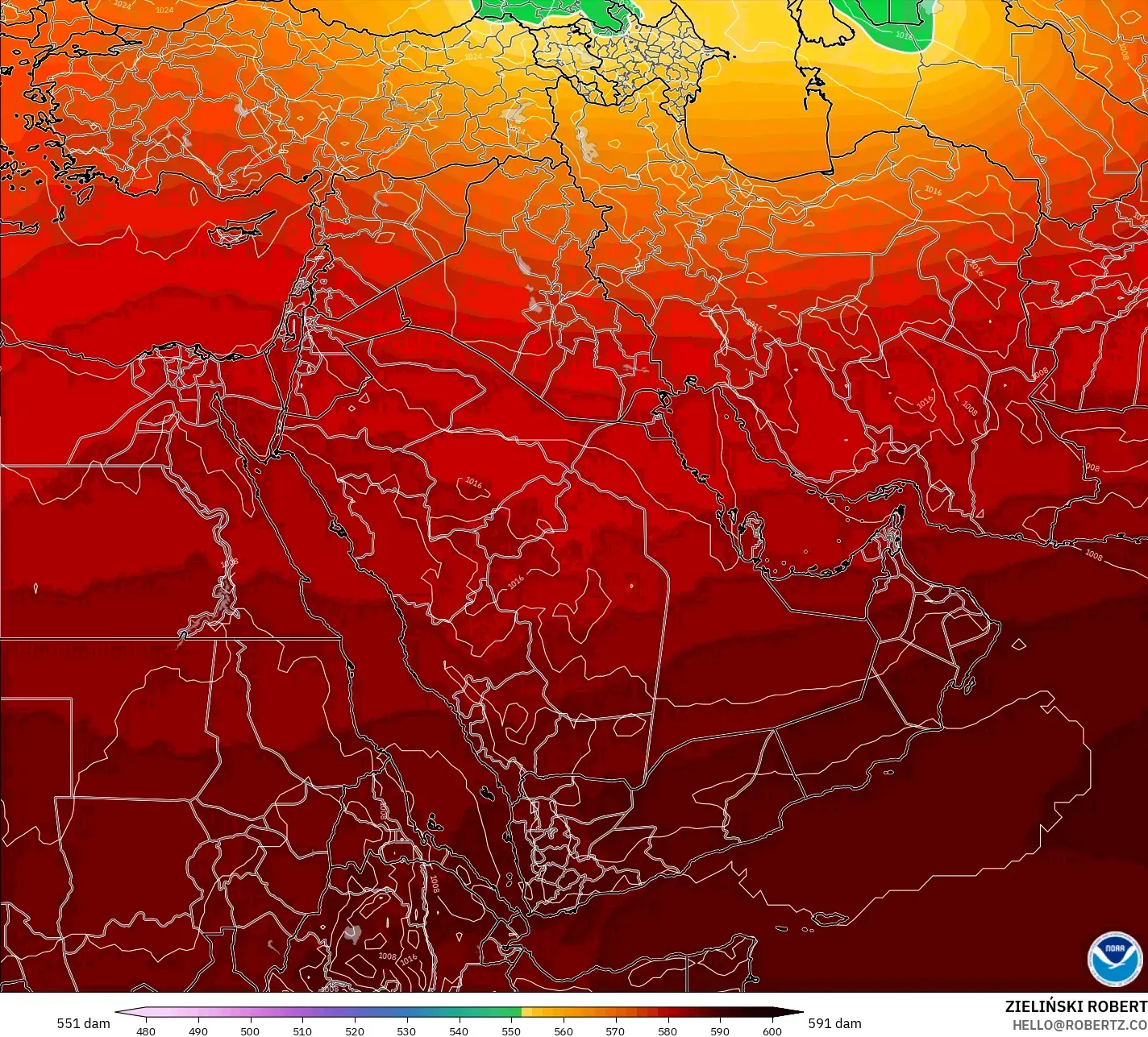 GFS modelo - Oriente Medio, Altura geopotencial a 500 hPa
