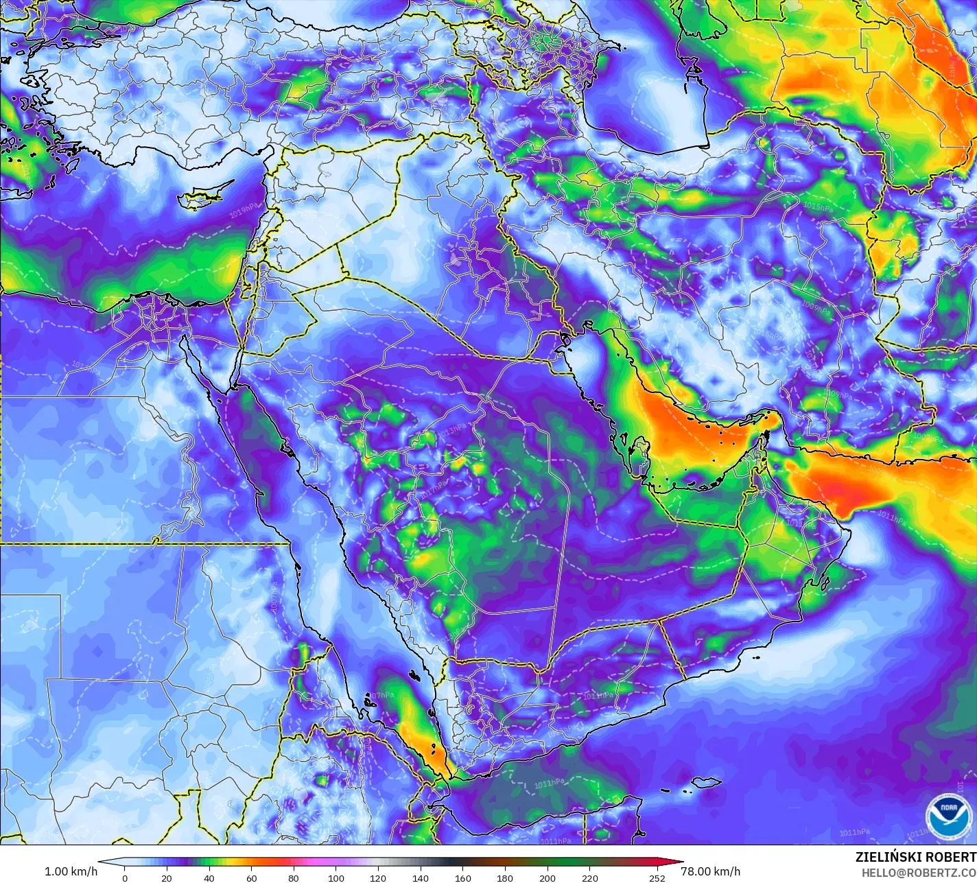 GFS modelo - Oriente Medio, Ráfagas de Viento Máximas