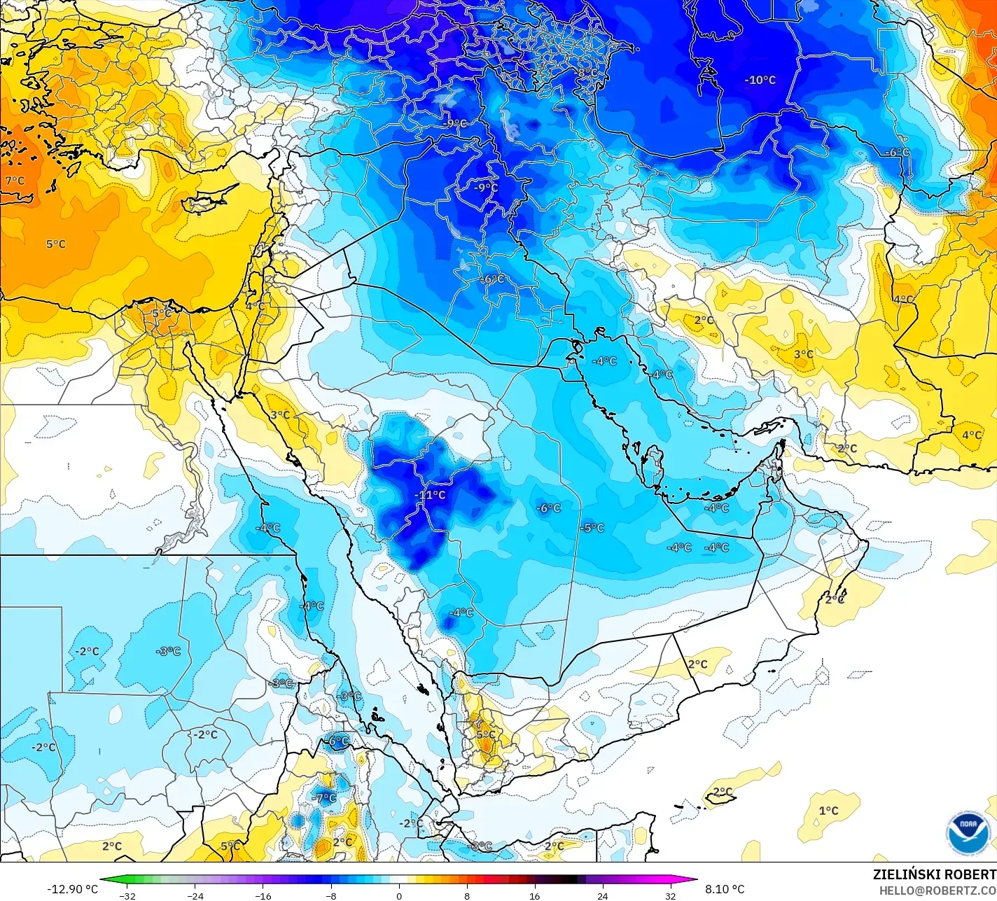 GFS modelo - Oriente Medio, Anomalía de temperatura a 850 hPa