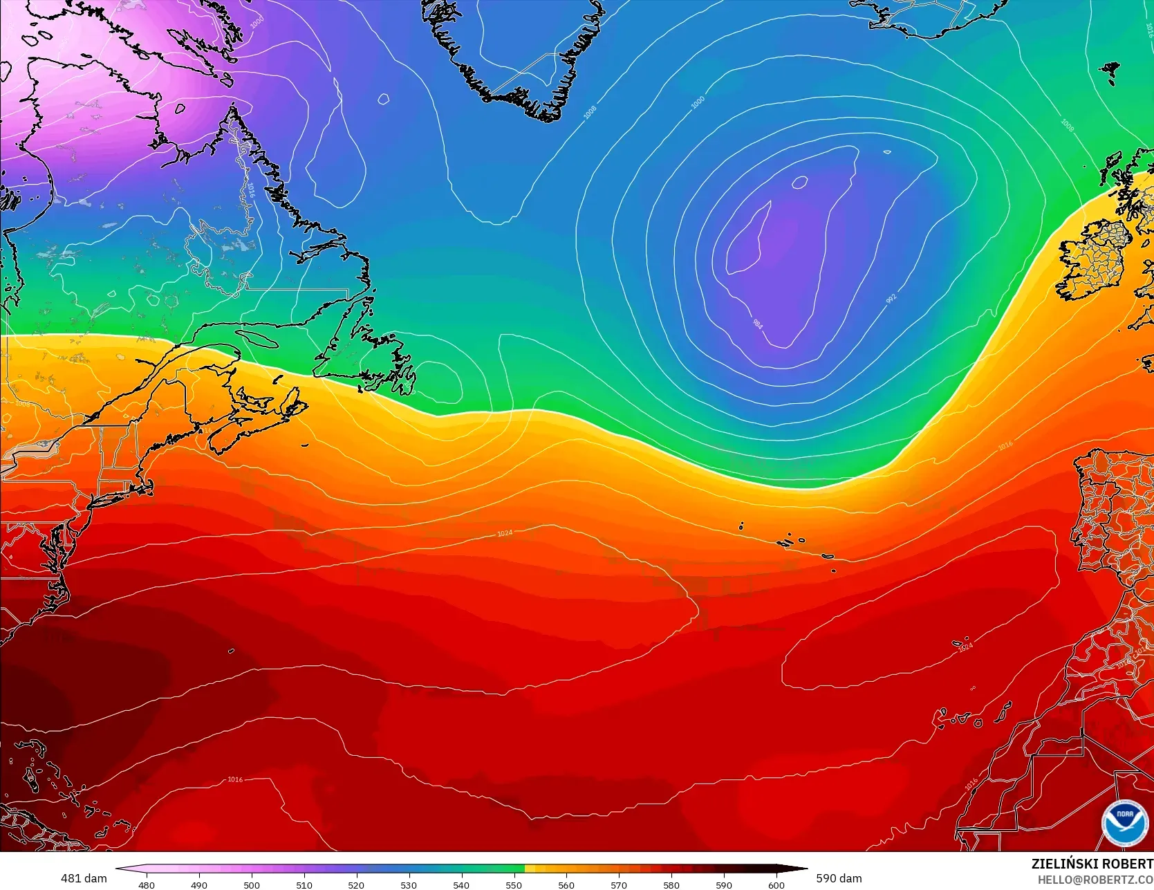GFS modelo - Norte Atlántico, Altura geopotencial a 500 hPa
