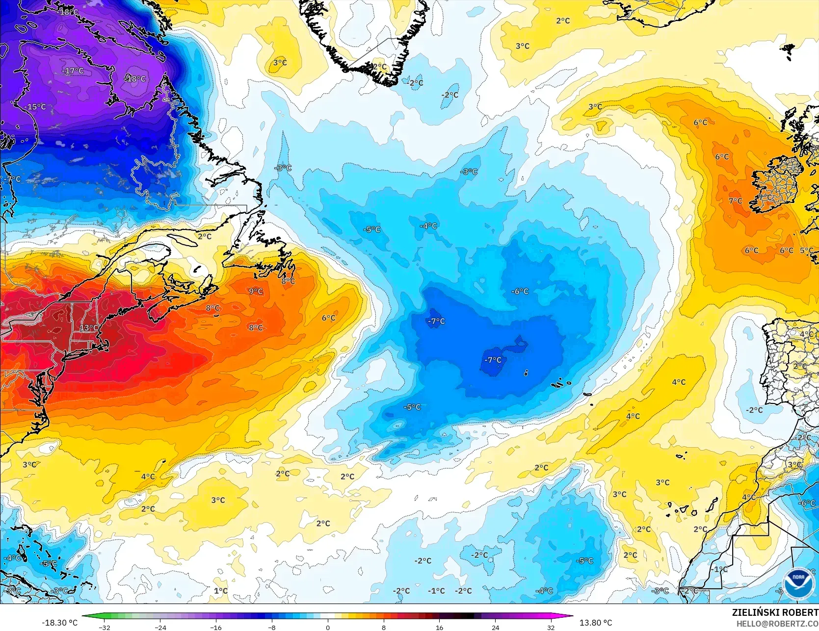 GFS modelo - Norte Atlántico, Anomalía de temperatura a 850 hPa