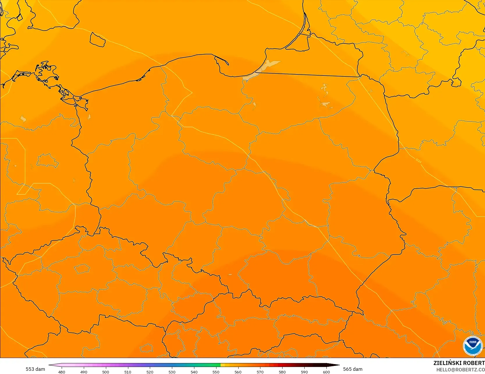 GFS modelo - Polonia, Altura geopotencial a 500 hPa