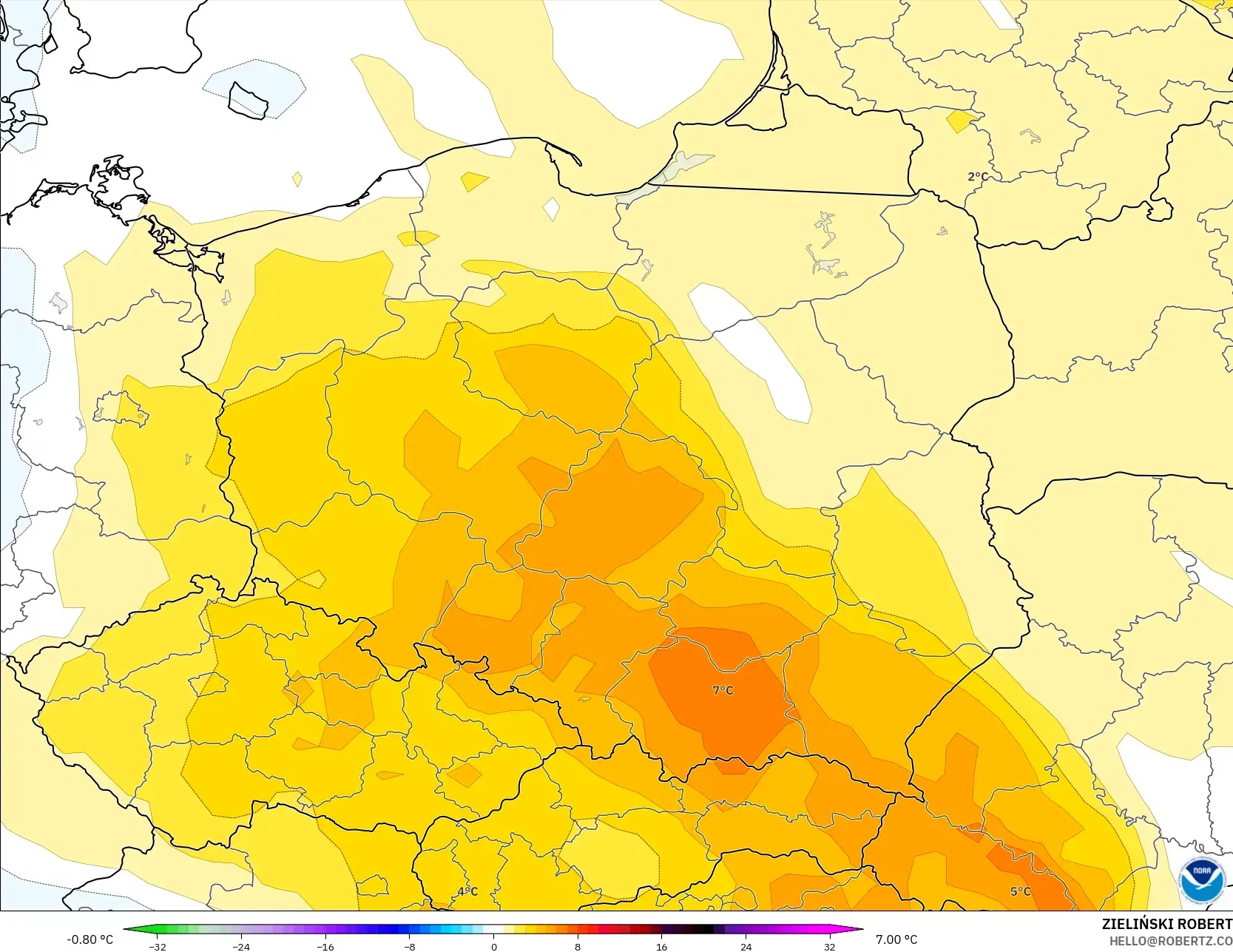 GFS modelo - Polonia, Anomalía de temperatura a 850 hPa