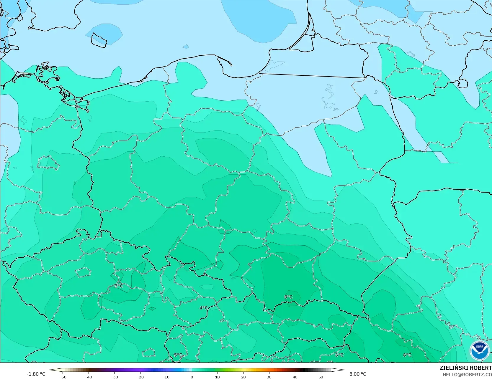 GFS modelo - Polonia, Temperatura a 850 hPa