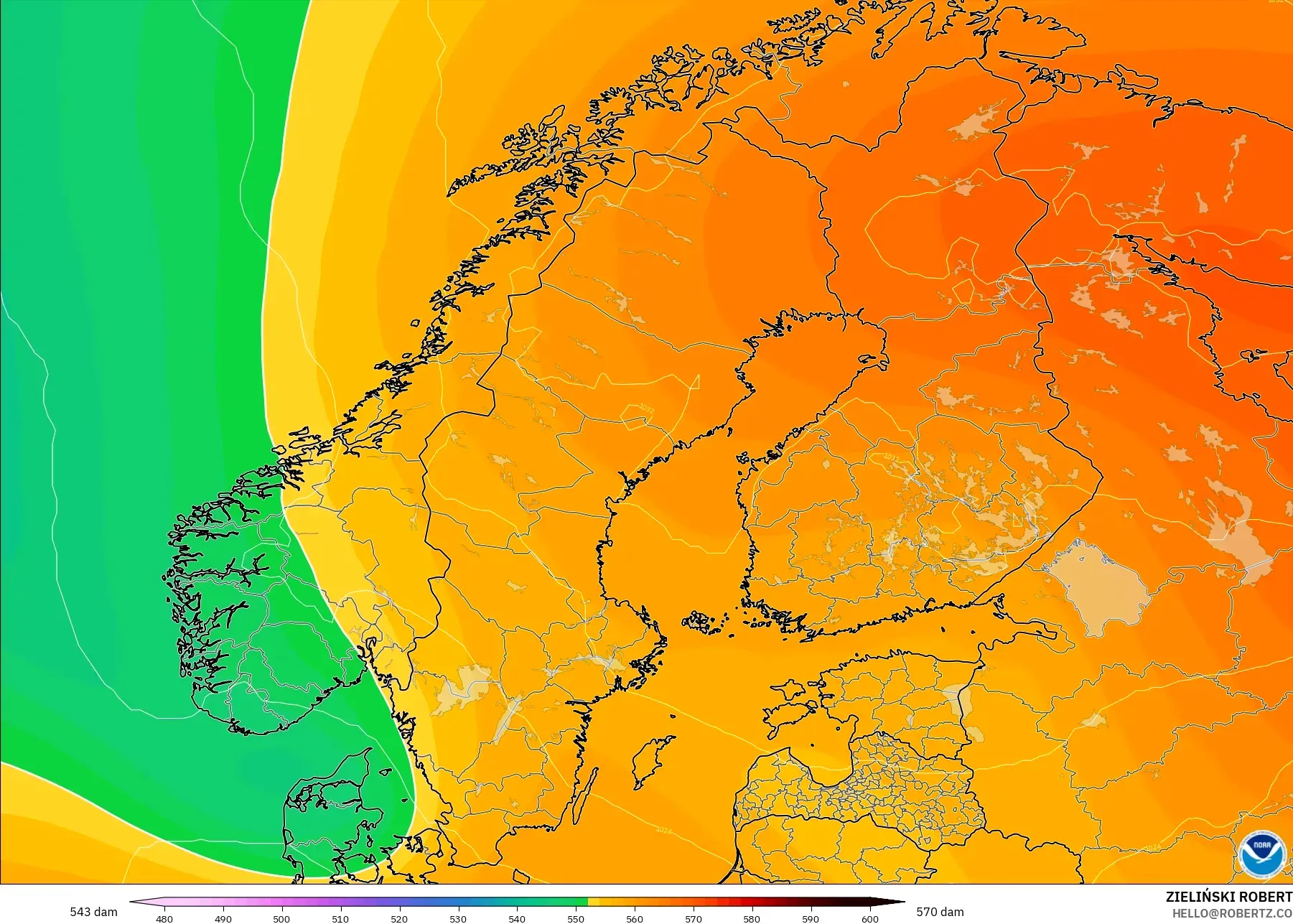 GFS modelo - Escandinavia, Altura geopotencial a 500 hPa
