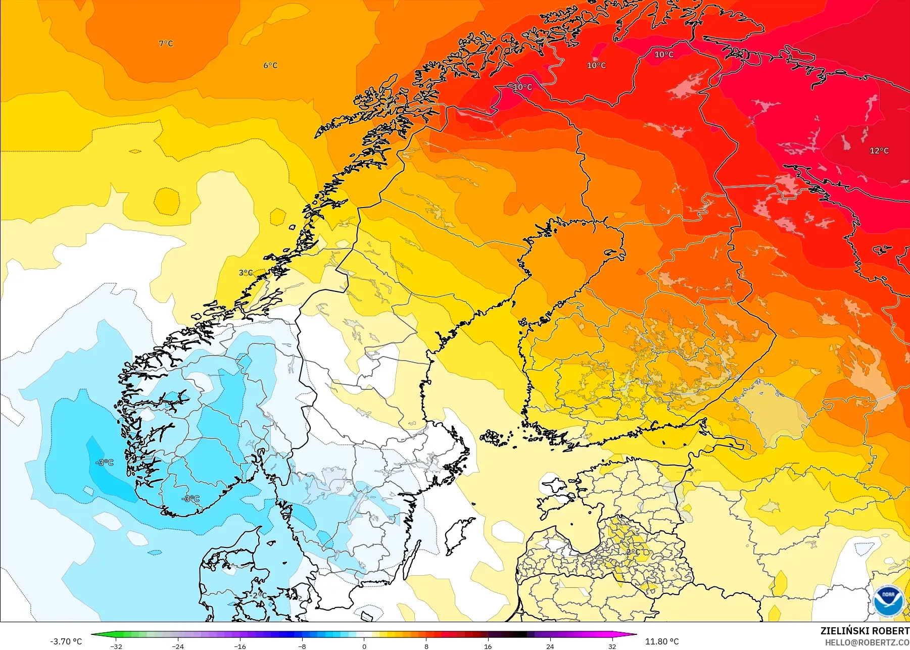 GFS modelo - Escandinavia, Anomalía de temperatura a 850 hPa