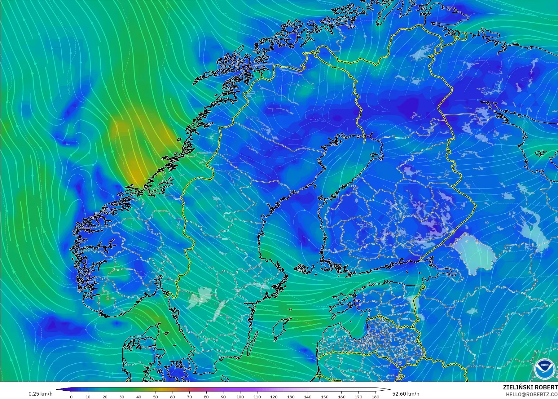 GFS modelo - Escandinavia, Viento a 10 m