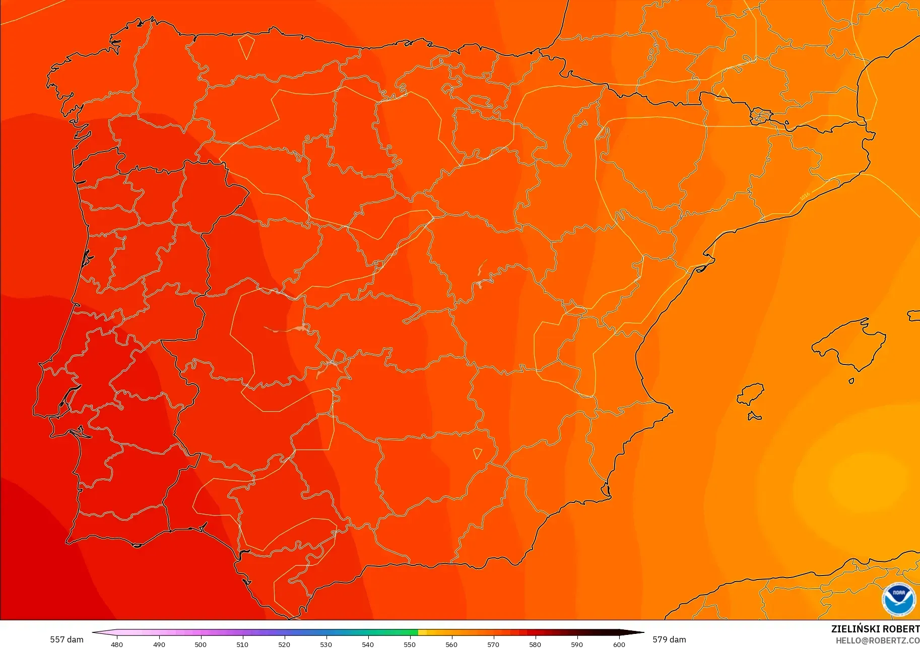 GFS modelo - España, Altura geopotencial a 500 hPa