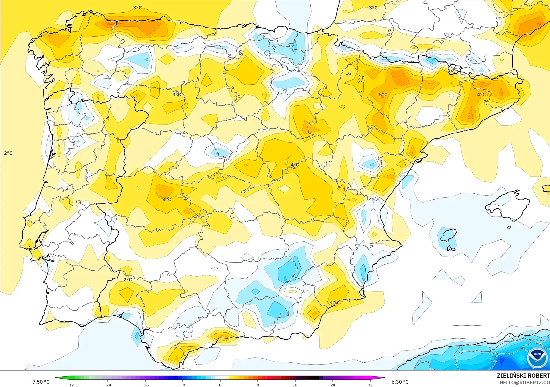 GFS modelo - España, Anomalía de temperatura a 2 m