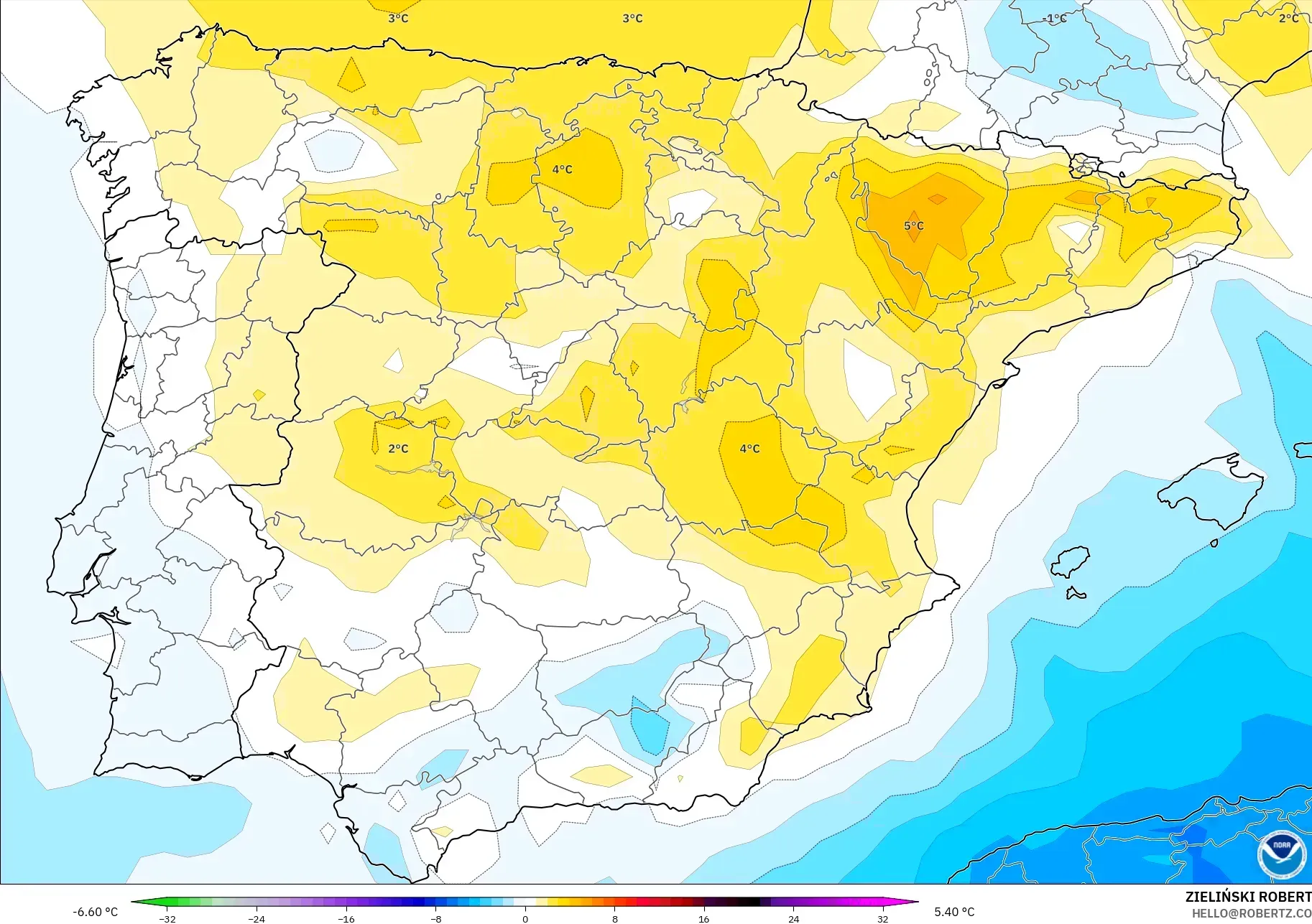 GFS modelo - España, Anomalía de temperatura a 850 hPa