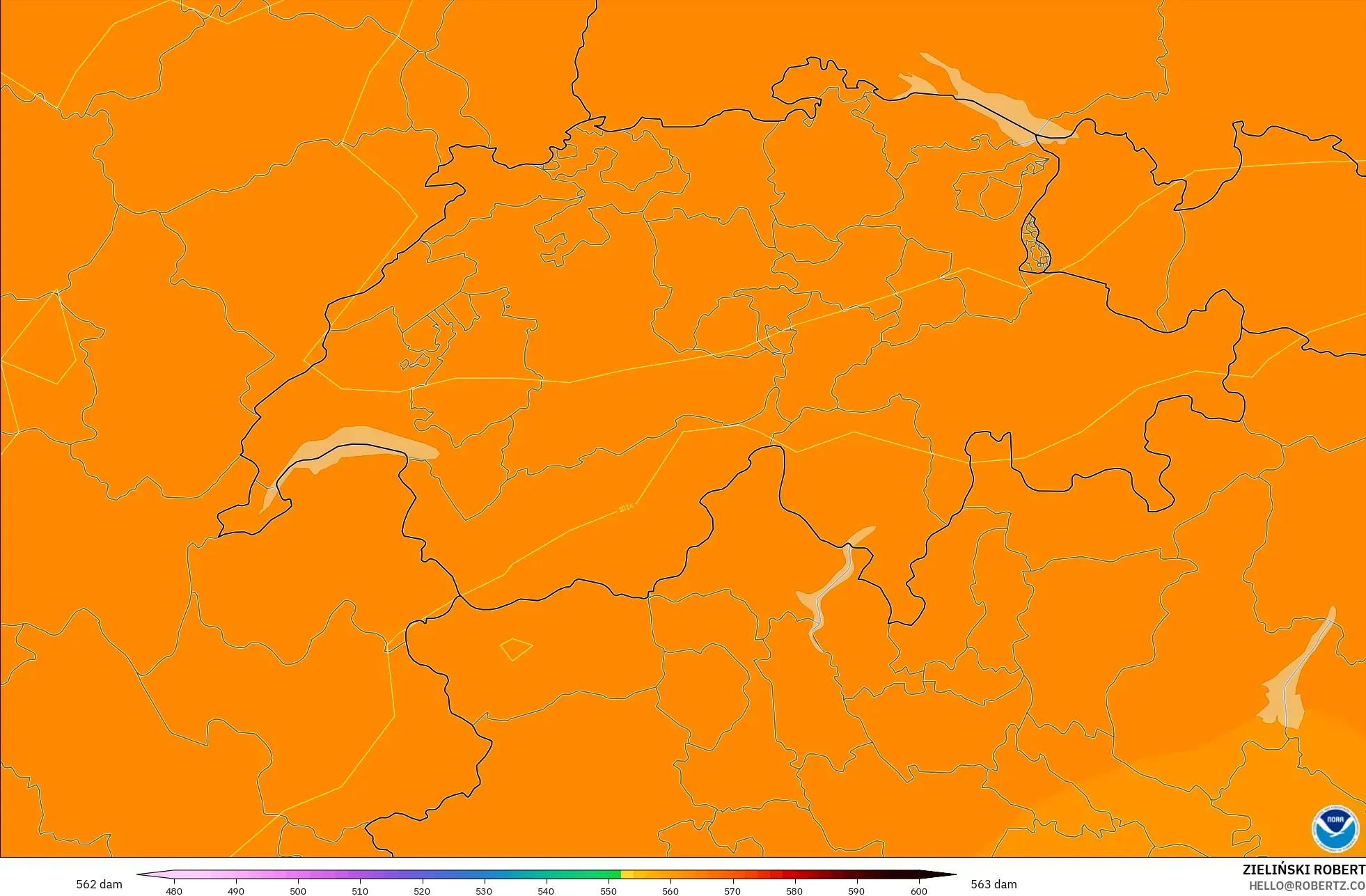 GFS modelo - Suiza, Altura geopotencial a 500 hPa