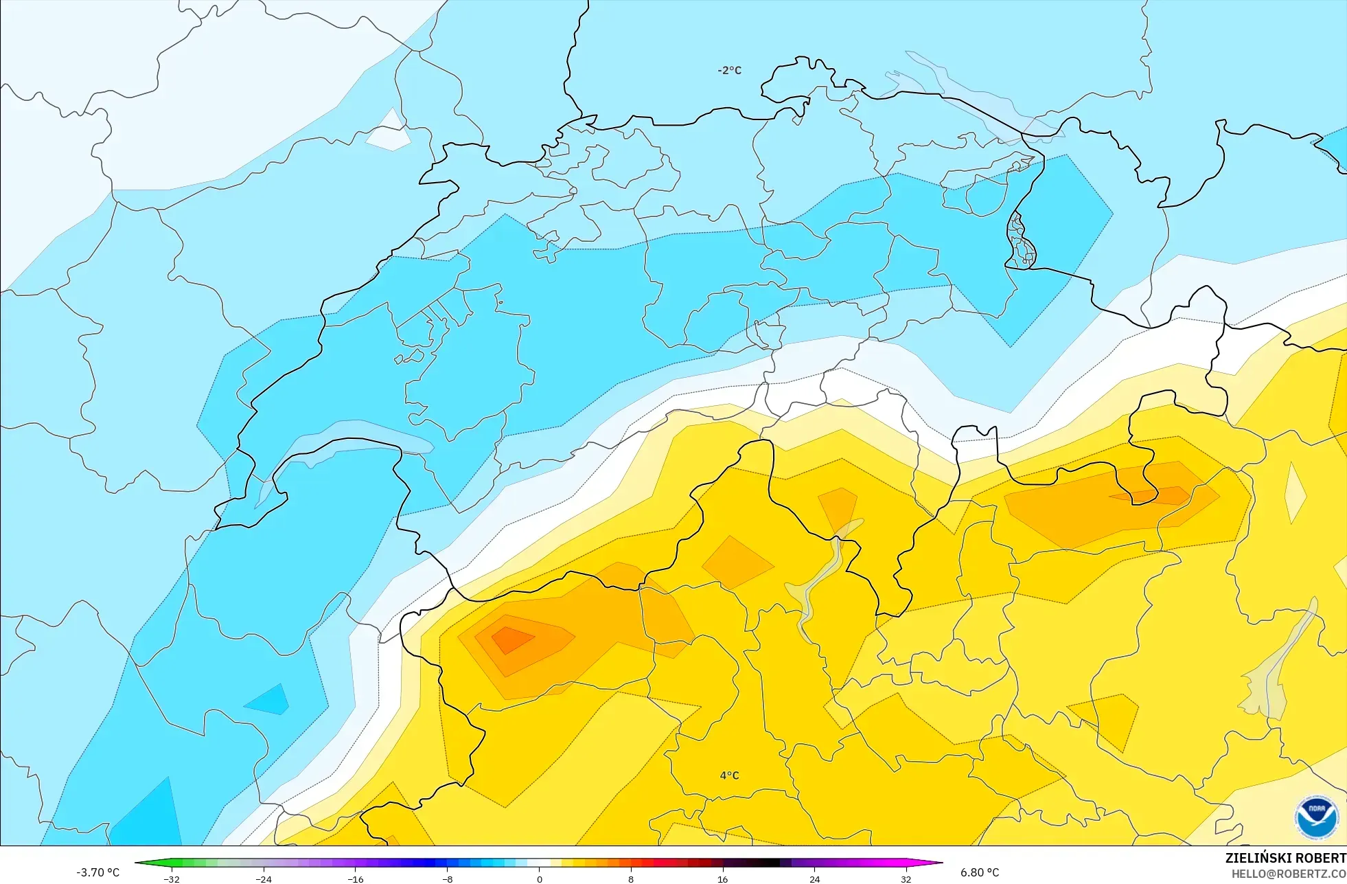GFS modelo - Suiza, Anomalía de temperatura a 850 hPa